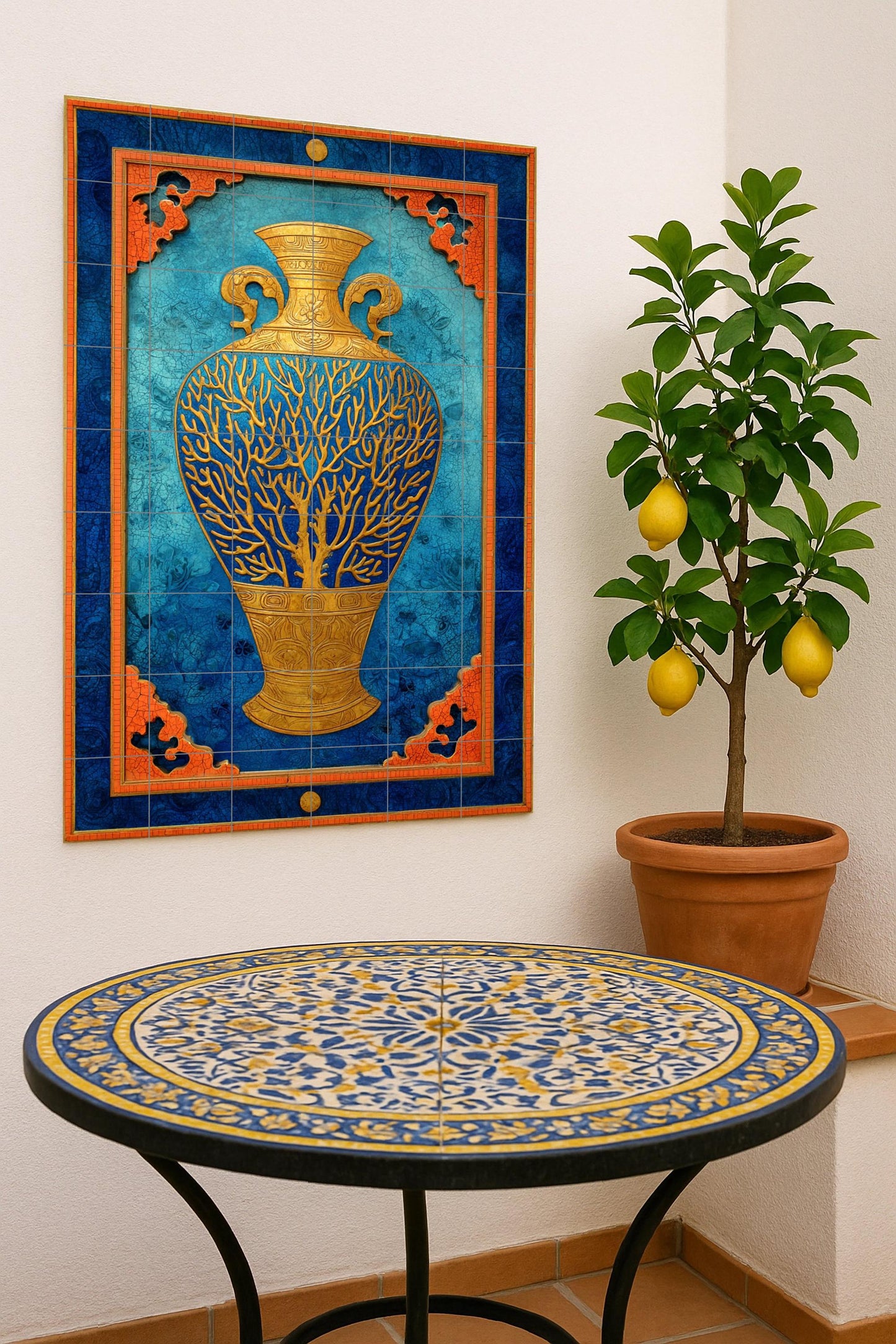 Vase Doré de Sueños Coralinos — Fresque Murale en Carreaux de Céramique · Art Mural Nature