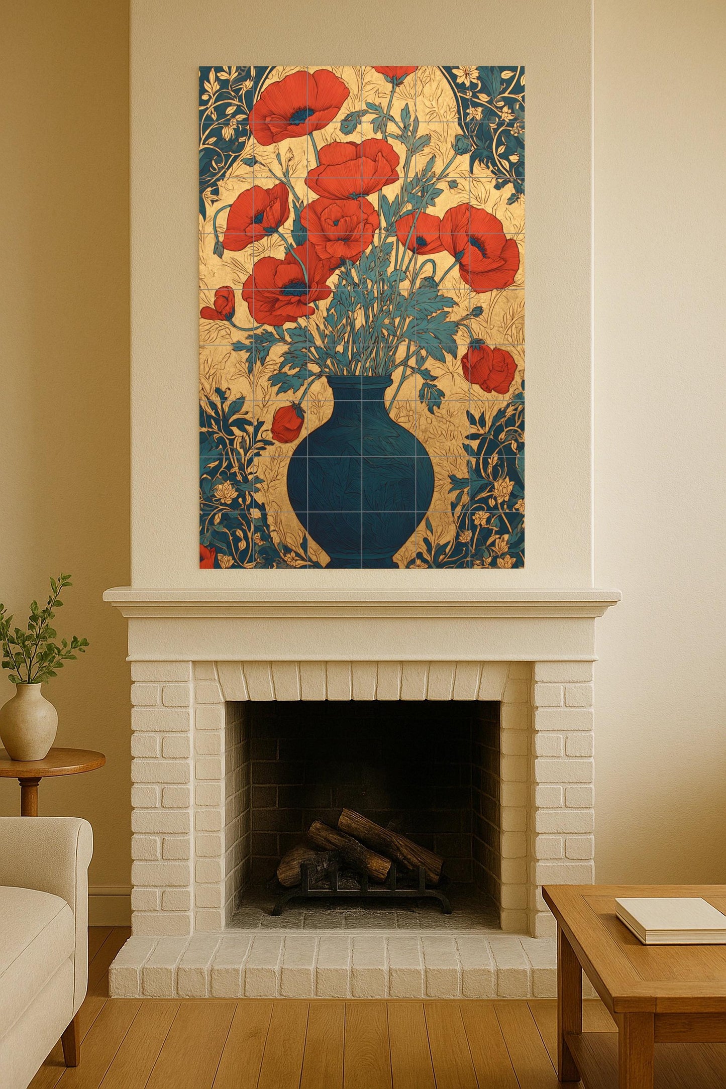 Amapolas en Oro — Art Nouveau con flores escarlatas y jarrón azul…