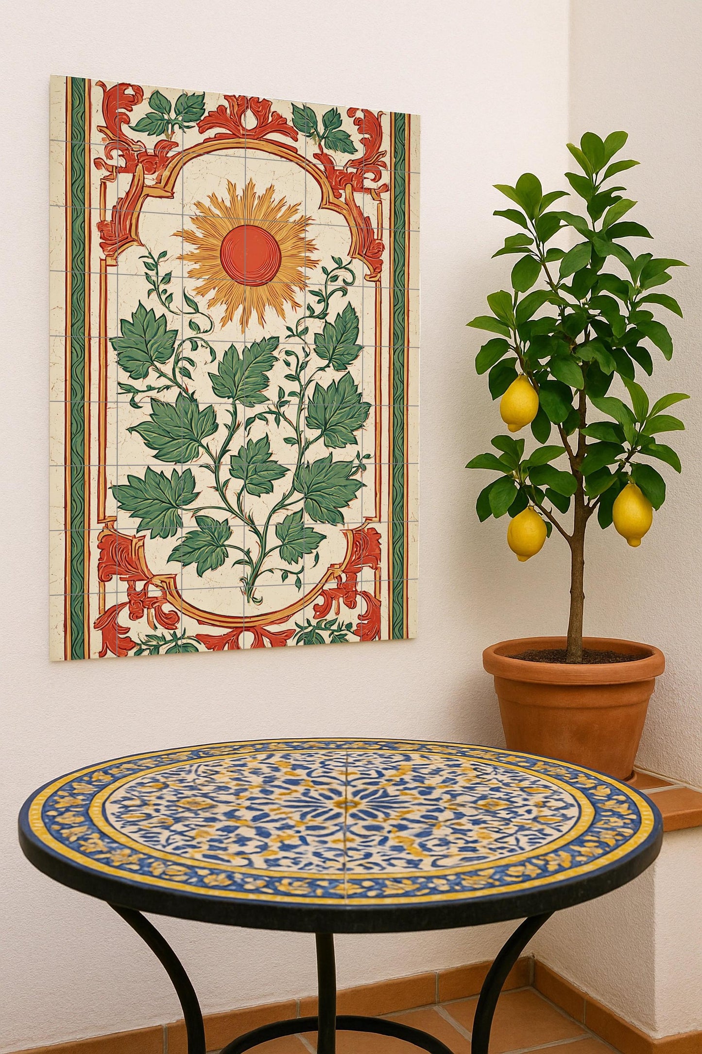 Adorno solar — Motivo solar y follaje verde, obra de arte de azulejos…