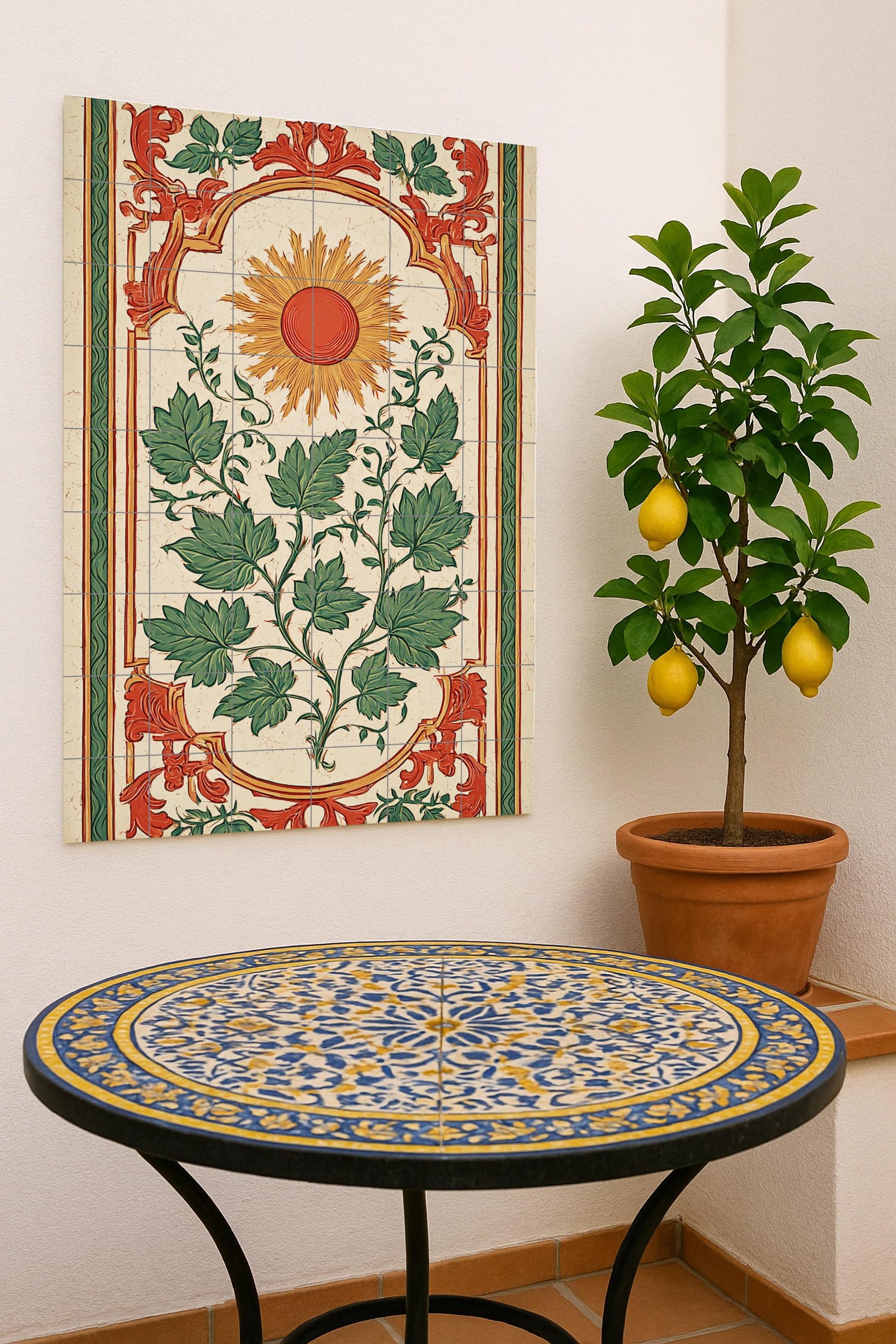 Adorno solar — Motivo solar y follaje verde, obra de arte de azulejos…