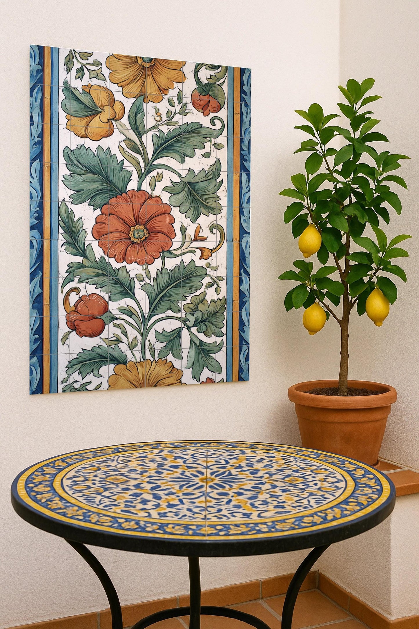 Valencia Bloom — Mural de cerámica con follaje verde, flores doradas…