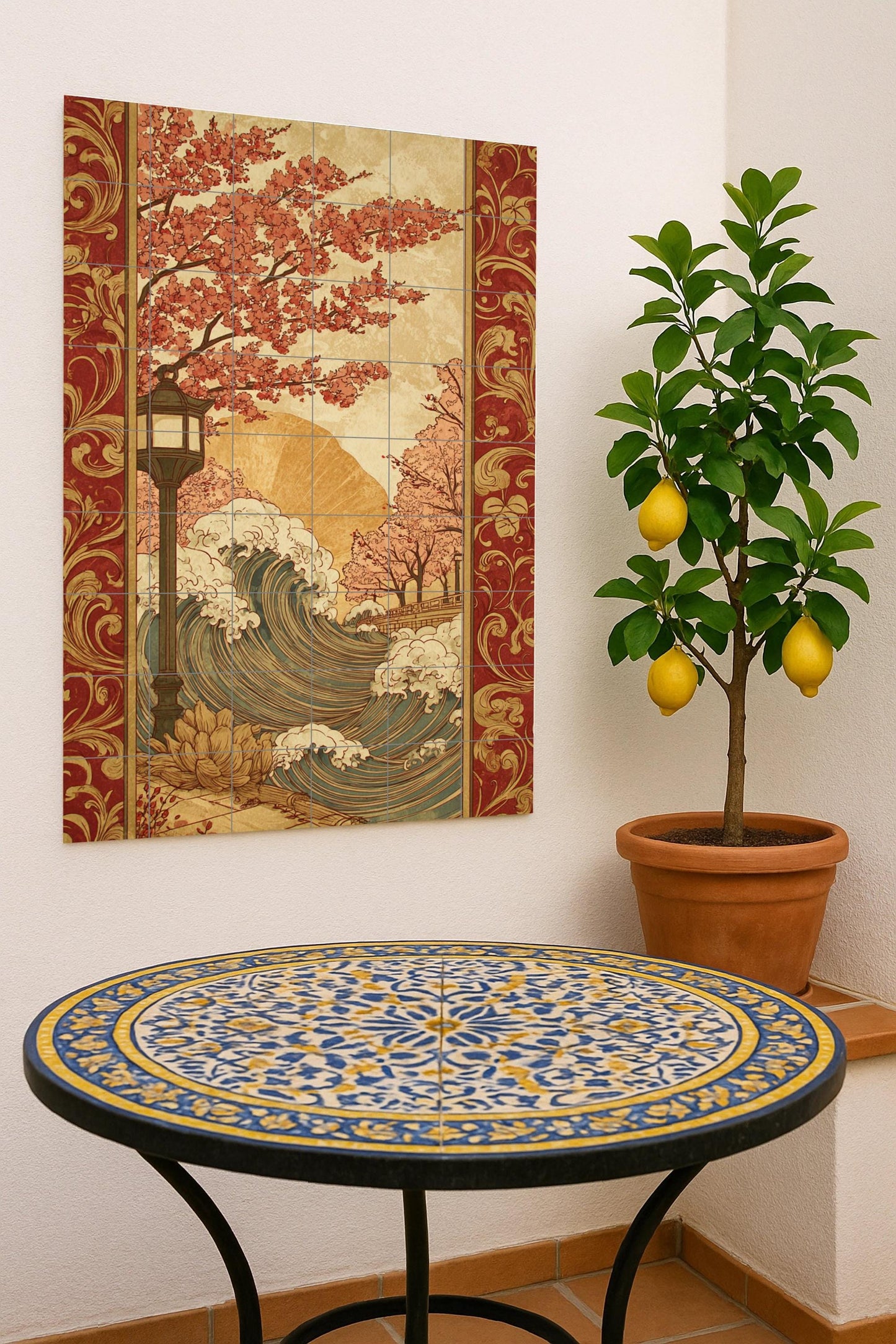 Wellen Golden und Blumen — Botanische Landschaft, Wandkunst aus Keramikfliesen