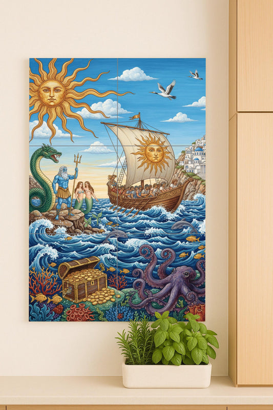 Viaje del Sol — Poseidón, sirenas, barco y tesoro