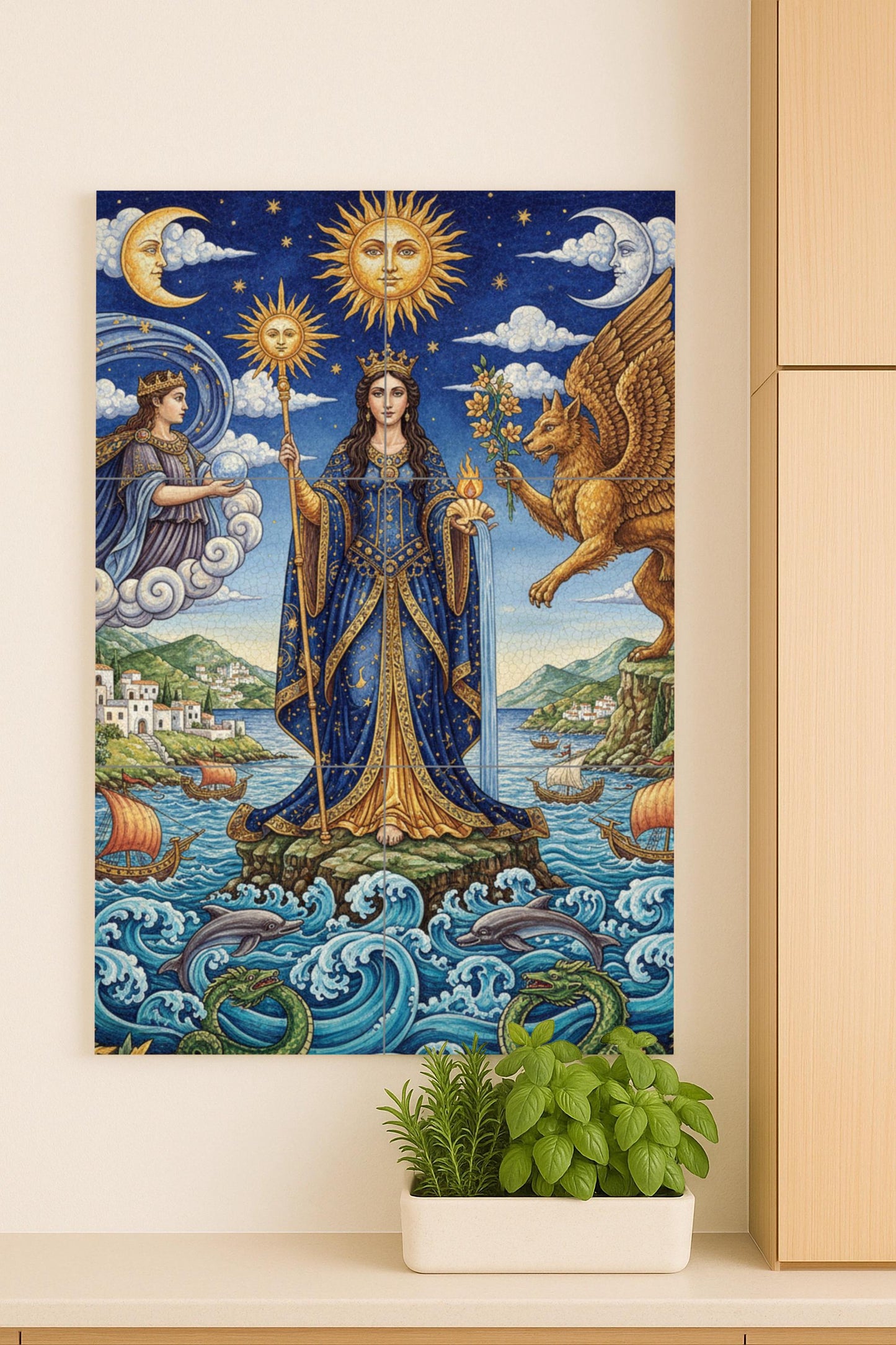 Reina del Sol y el Mar — Diosa, grifo y símbolos celestiales