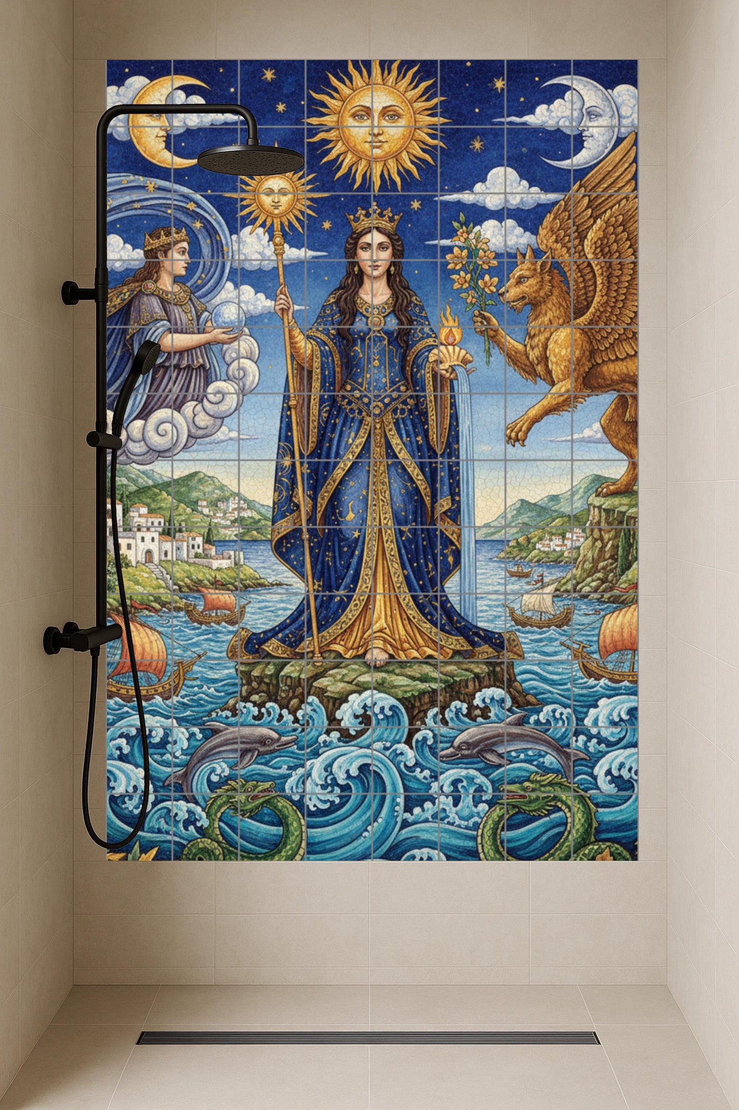 Reina del Sol y el Mar — Diosa, grifo y símbolos celestiales