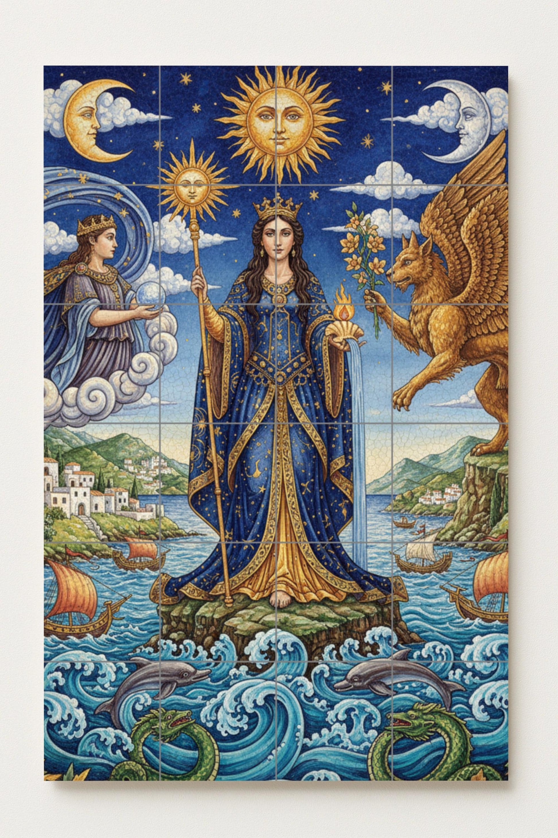 Reina del Sol y el Mar — Diosa, grifo y símbolos celestiales