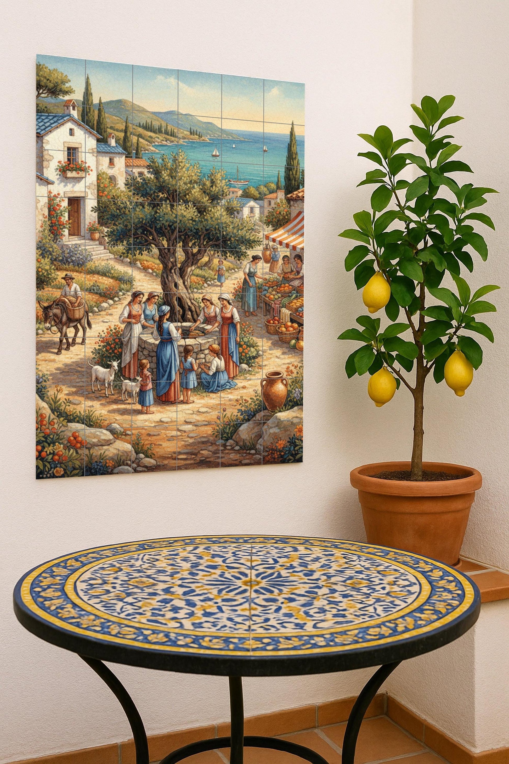 Pueblo mediterráneo — Olivo, escena de mercado y vistas al mar