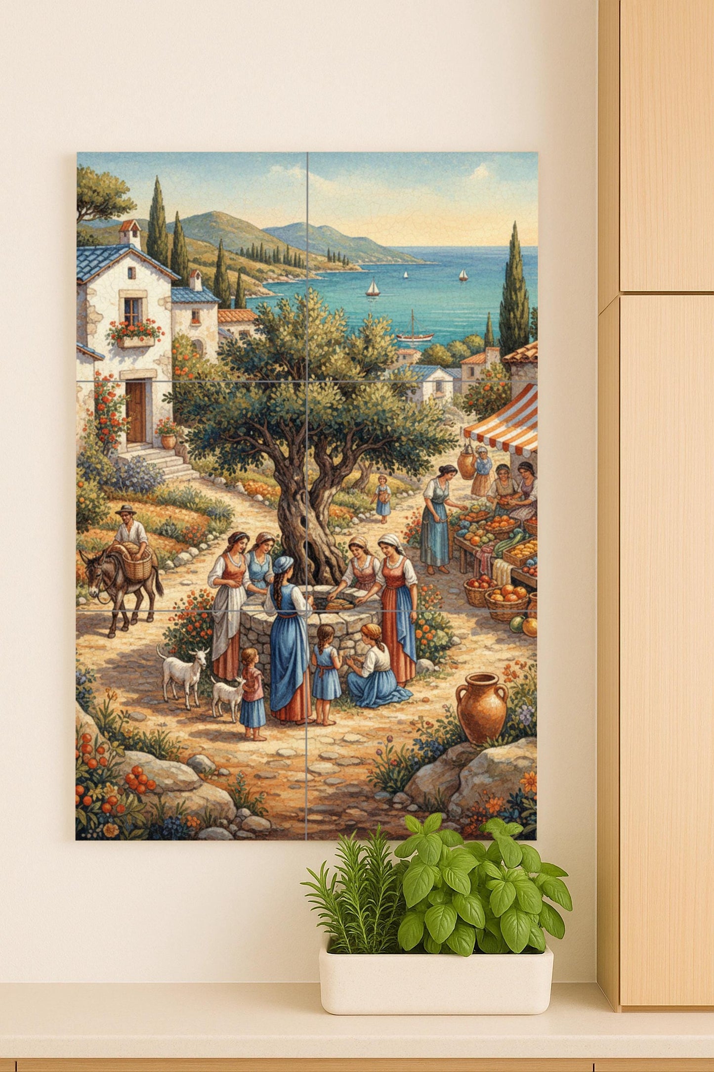 Pueblo mediterráneo — Olivo, escena de mercado y vistas al mar