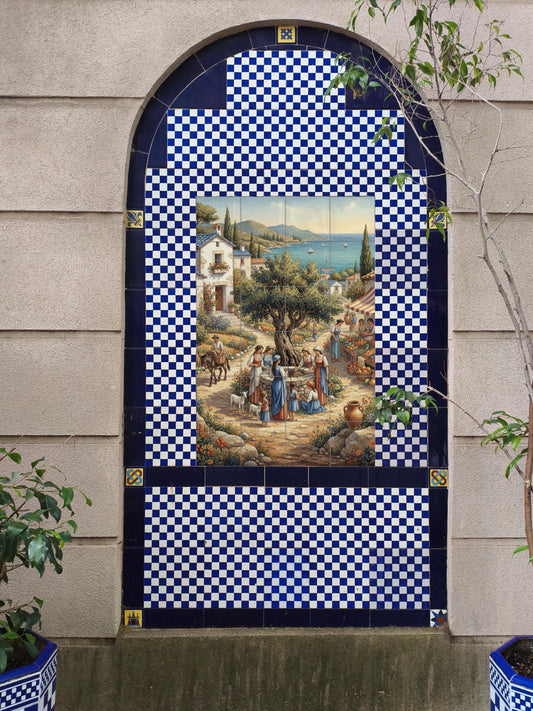 Pueblo mediterráneo — Olivo, escena de mercado y vistas al mar