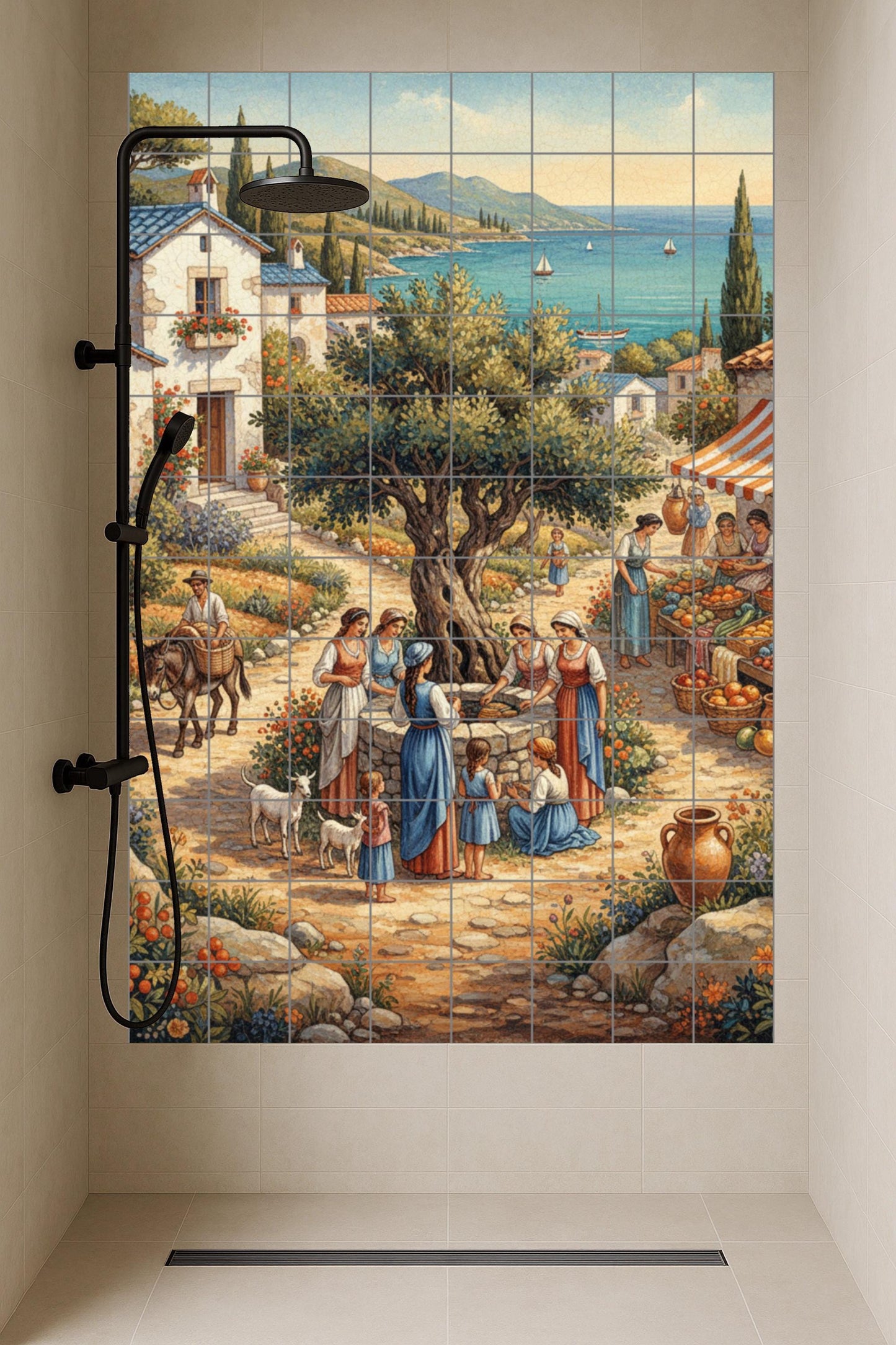 Pueblo mediterráneo — Olivo, escena de mercado y vistas al mar