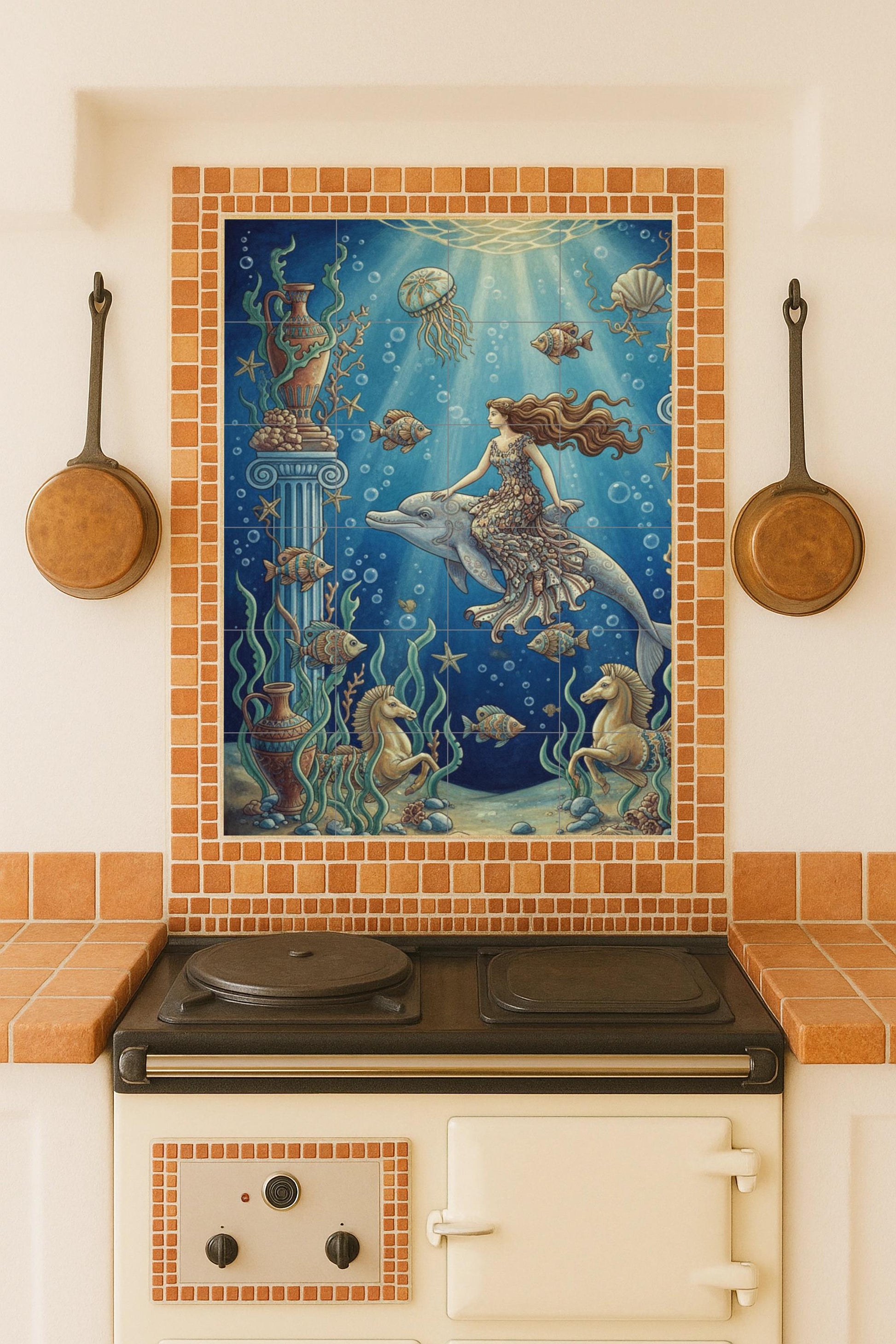 Cerámica "Dea del Oceano e Delfín — Arte Mitologica da Parete, Arte da Parete in Ceramica