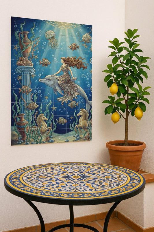 Ceramic Tile Mural: Cerámica "Goddess of the Ocean and Delfín — Legends & Epic Art