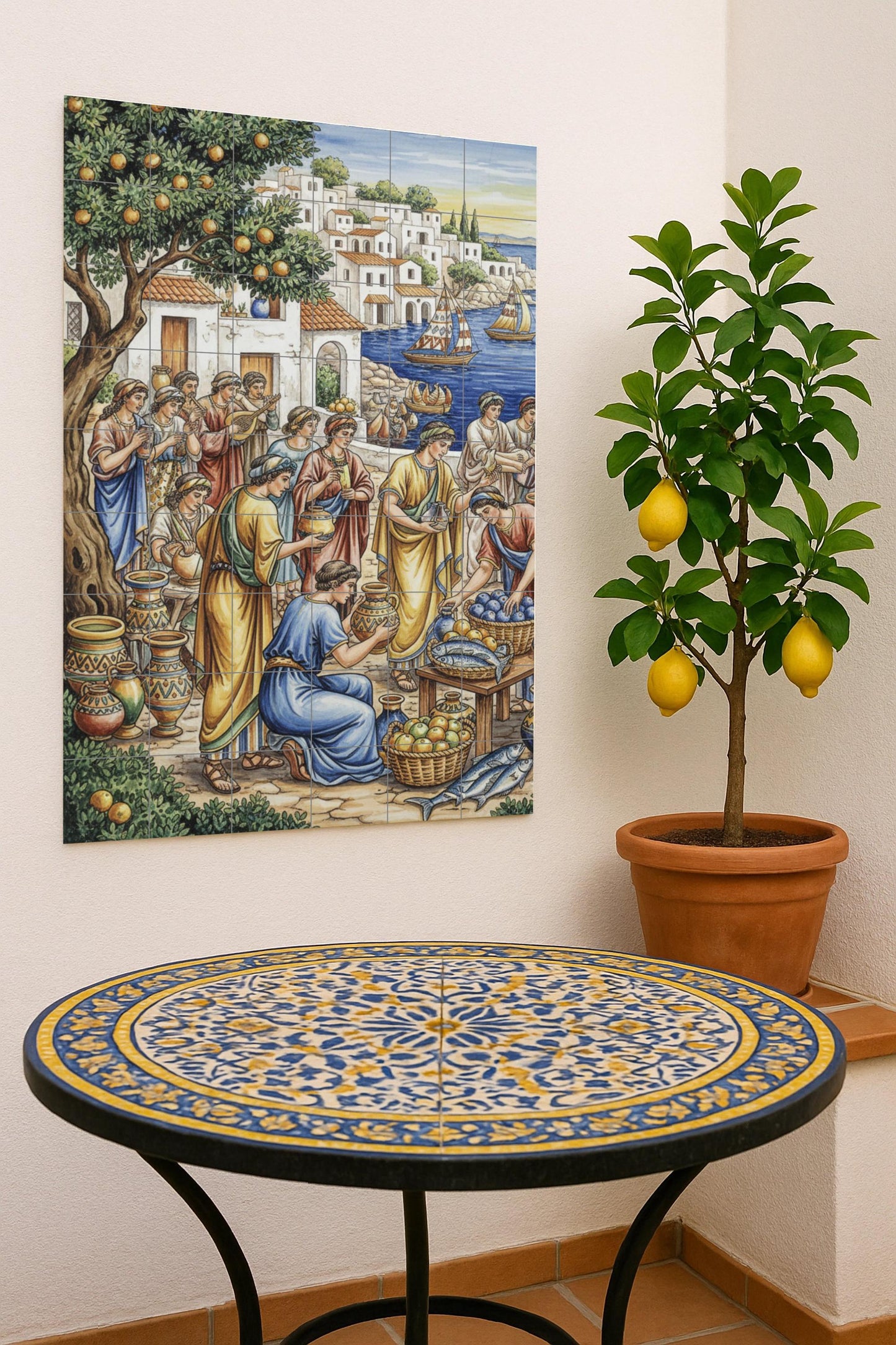 Scène de Marché Grec Ancien — Fresque Murale en Carreaux de Céramique · Scène de Cuisine et Campagne