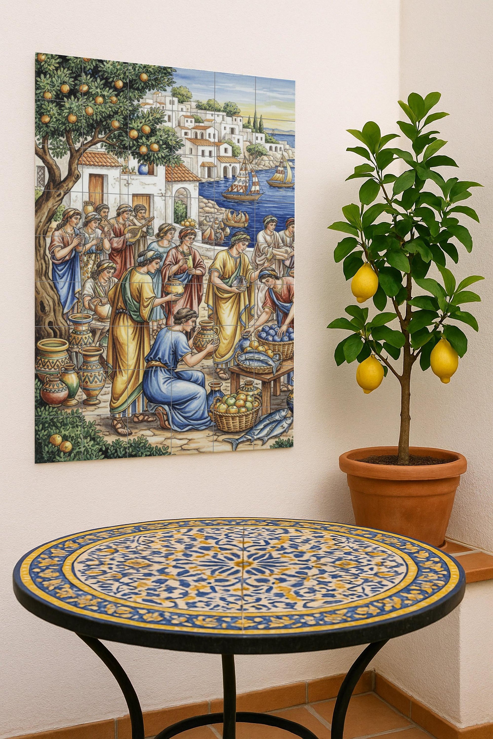 Scène de Marché Grec Ancien — Fresque Murale en Carreaux de Céramique · Scène de Cuisine et Campagne
