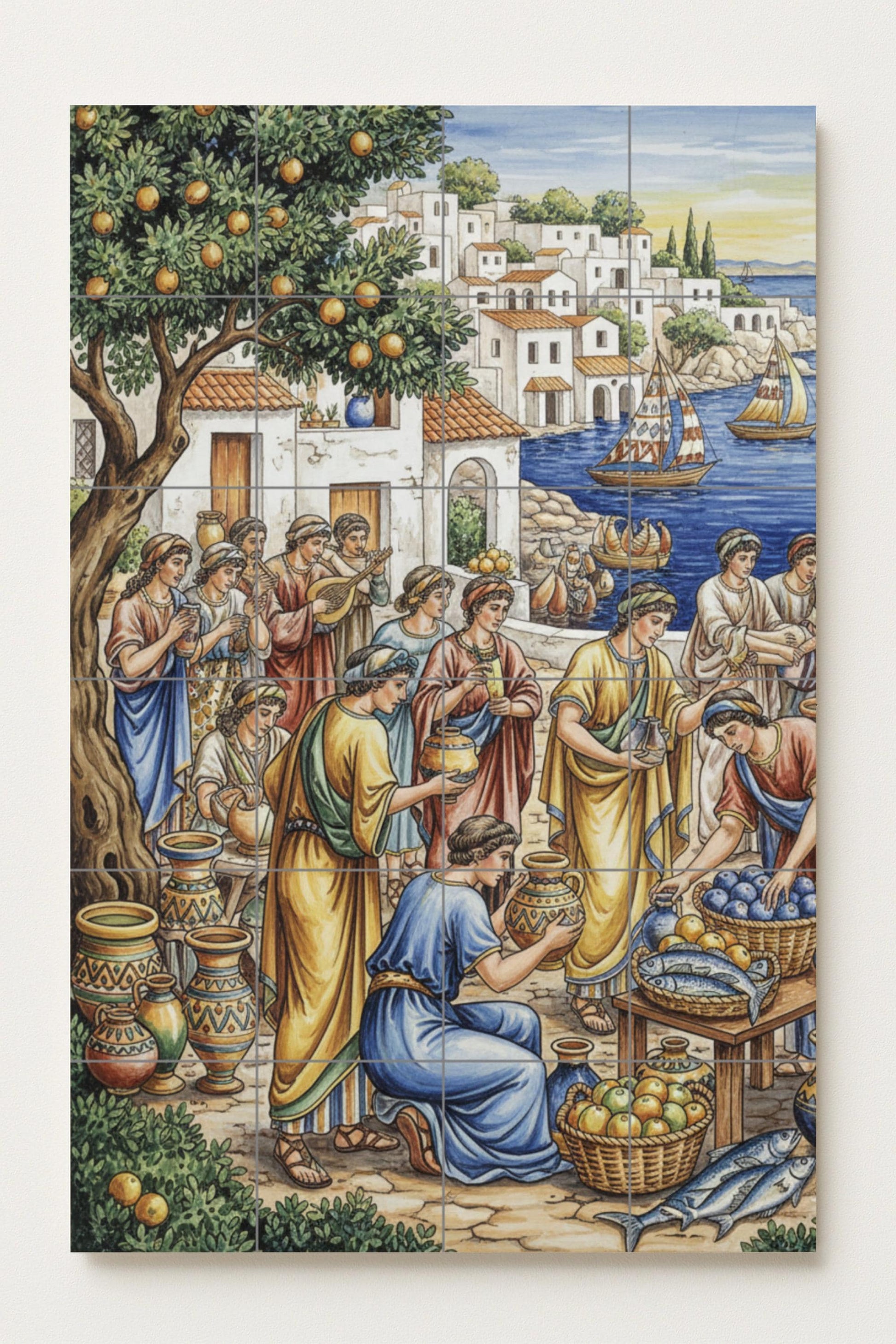 Scène de Marché Grec Ancien — Fresque Murale en Carreaux de Céramique · Scène de Cuisine et Campagne