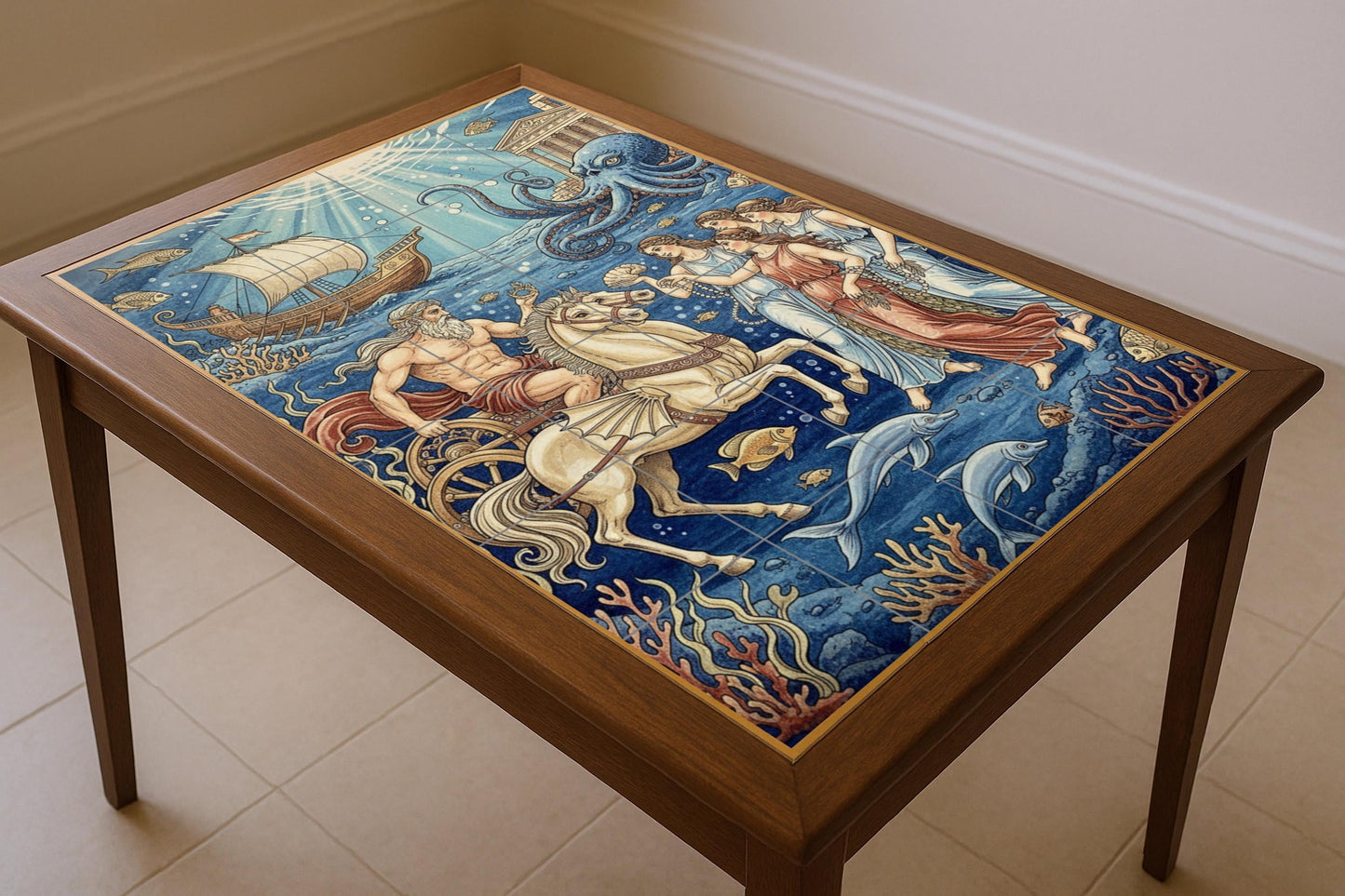 Fresque en Carrelage La corte de Poseidón bajo las olas — Art Mural Mythologique