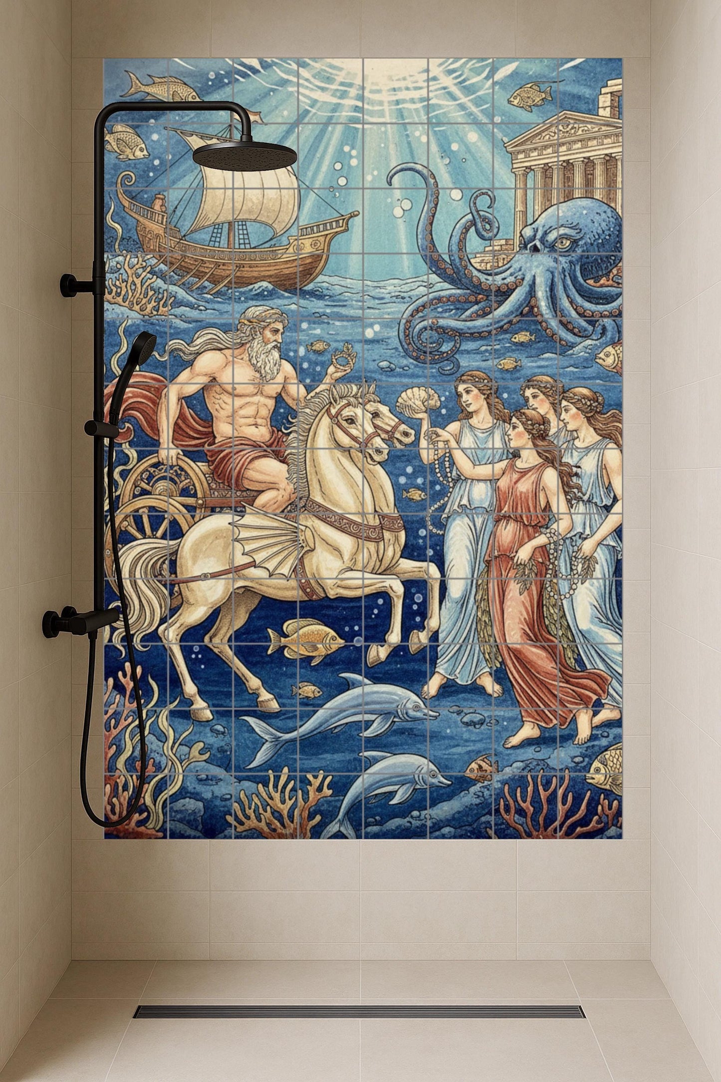 Fresque en Carrelage La corte de Poseidón bajo las olas — Art Mural Mythologique