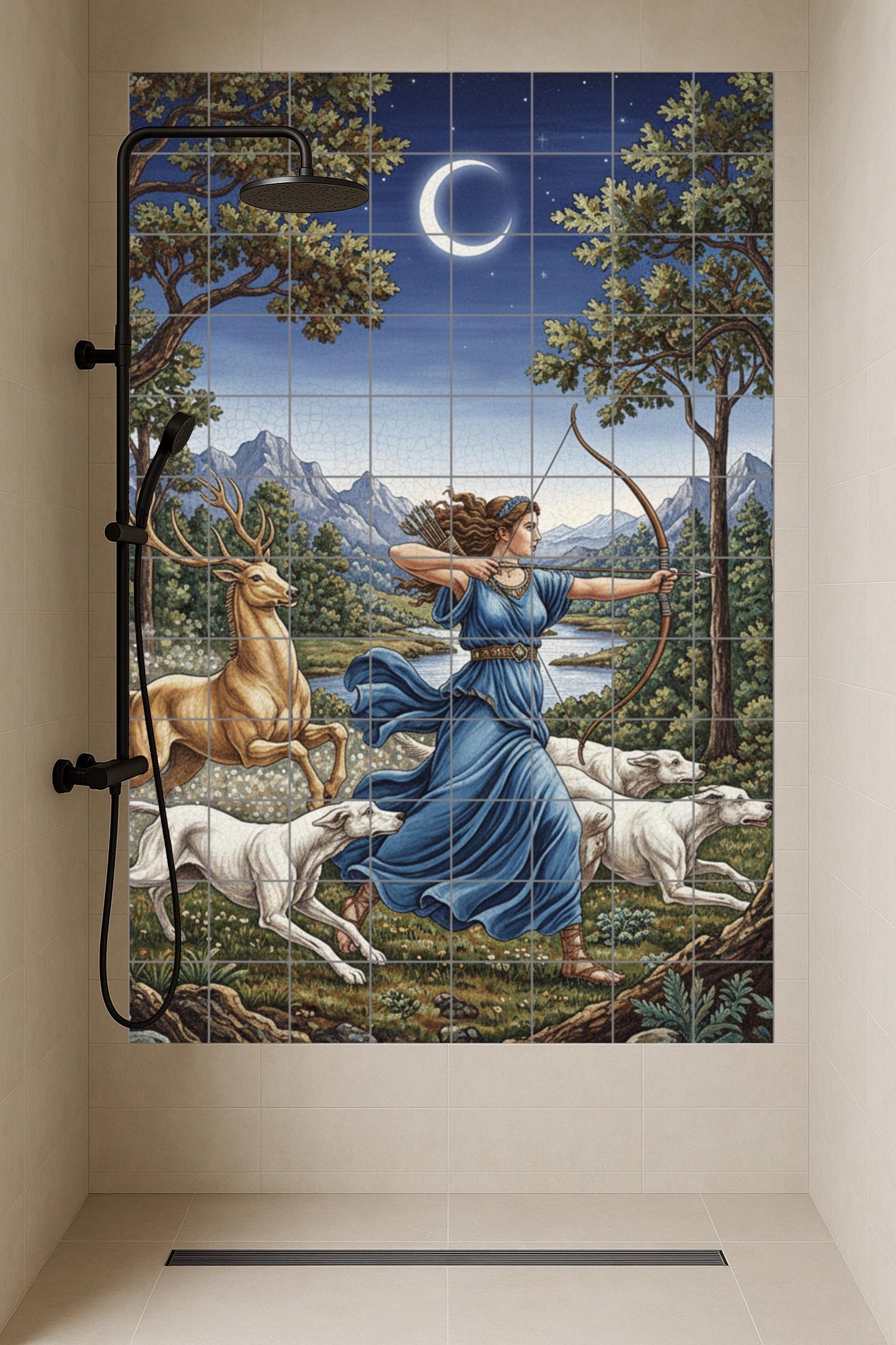 Mural cerámico de Artemisa la Cazadora, diosa griega de la Luna, con…