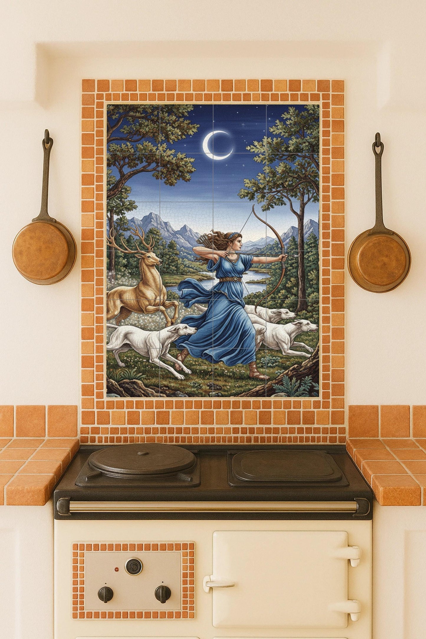 Mural cerámico de Artemisa la Cazadora, diosa griega de la Luna, con…