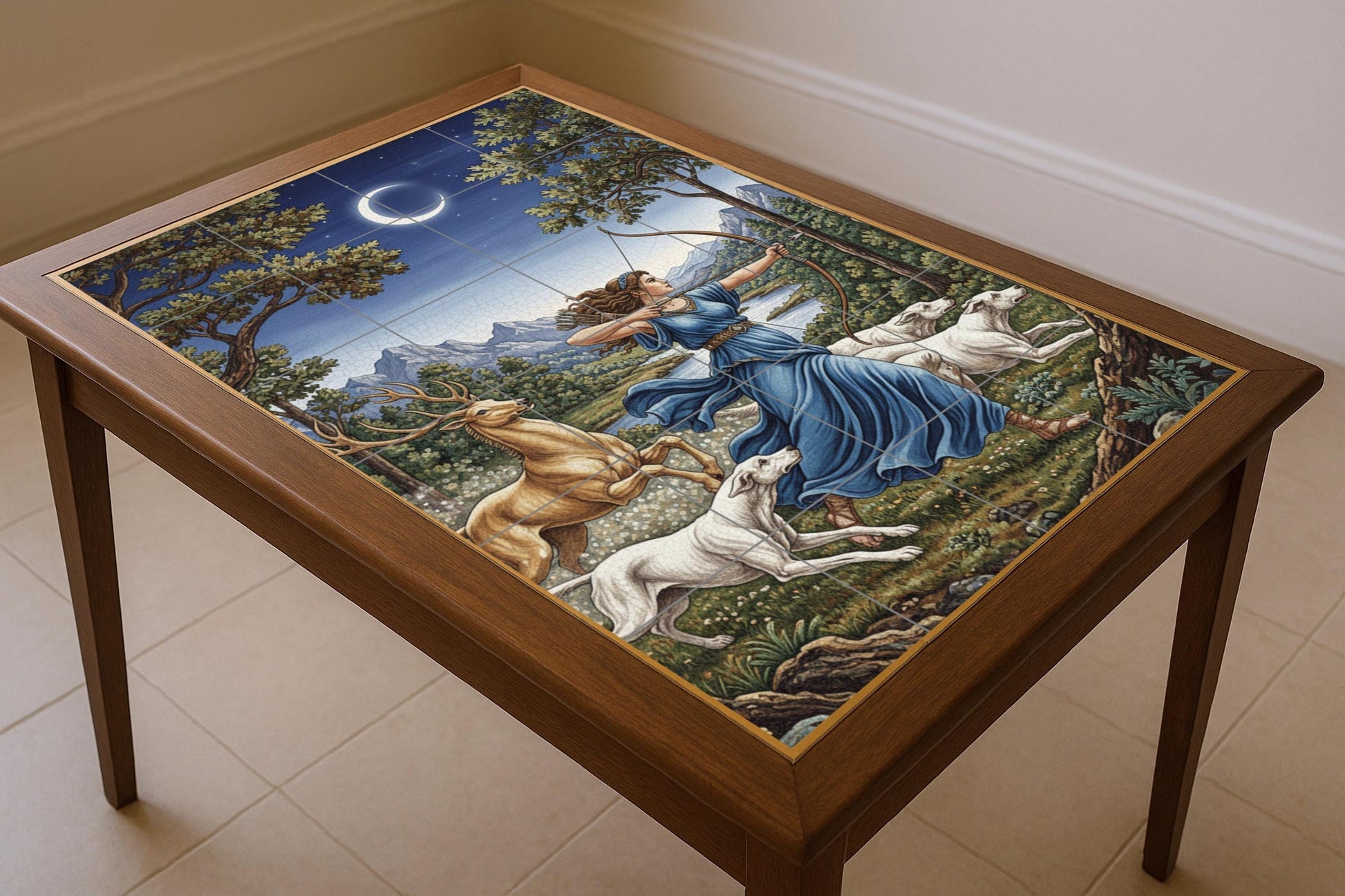 Mural cerámico de Artemisa la Cazadora, diosa griega de la Luna, con…