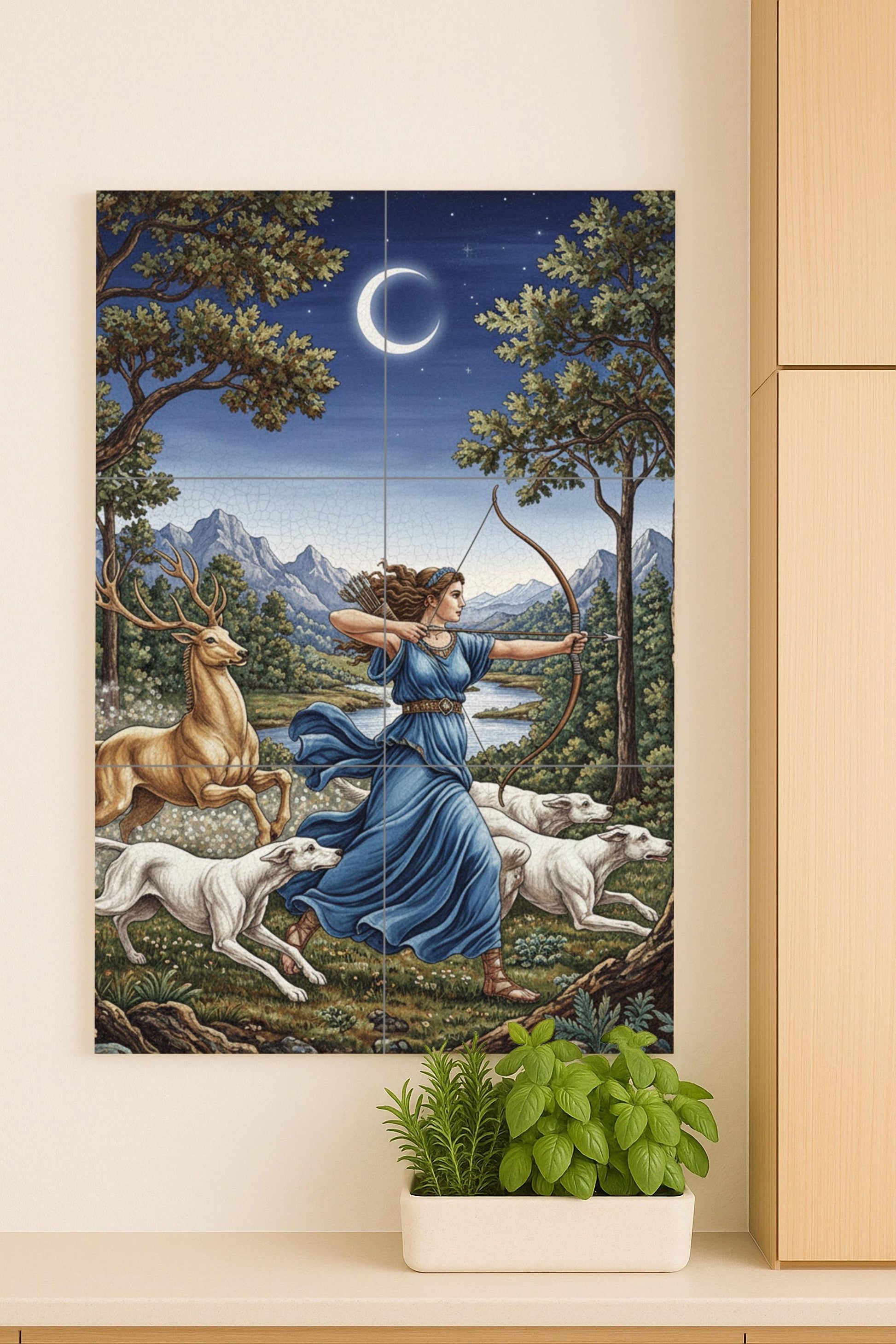 Mural cerámico de Artemisa la Cazadora, diosa griega de la Luna, con…