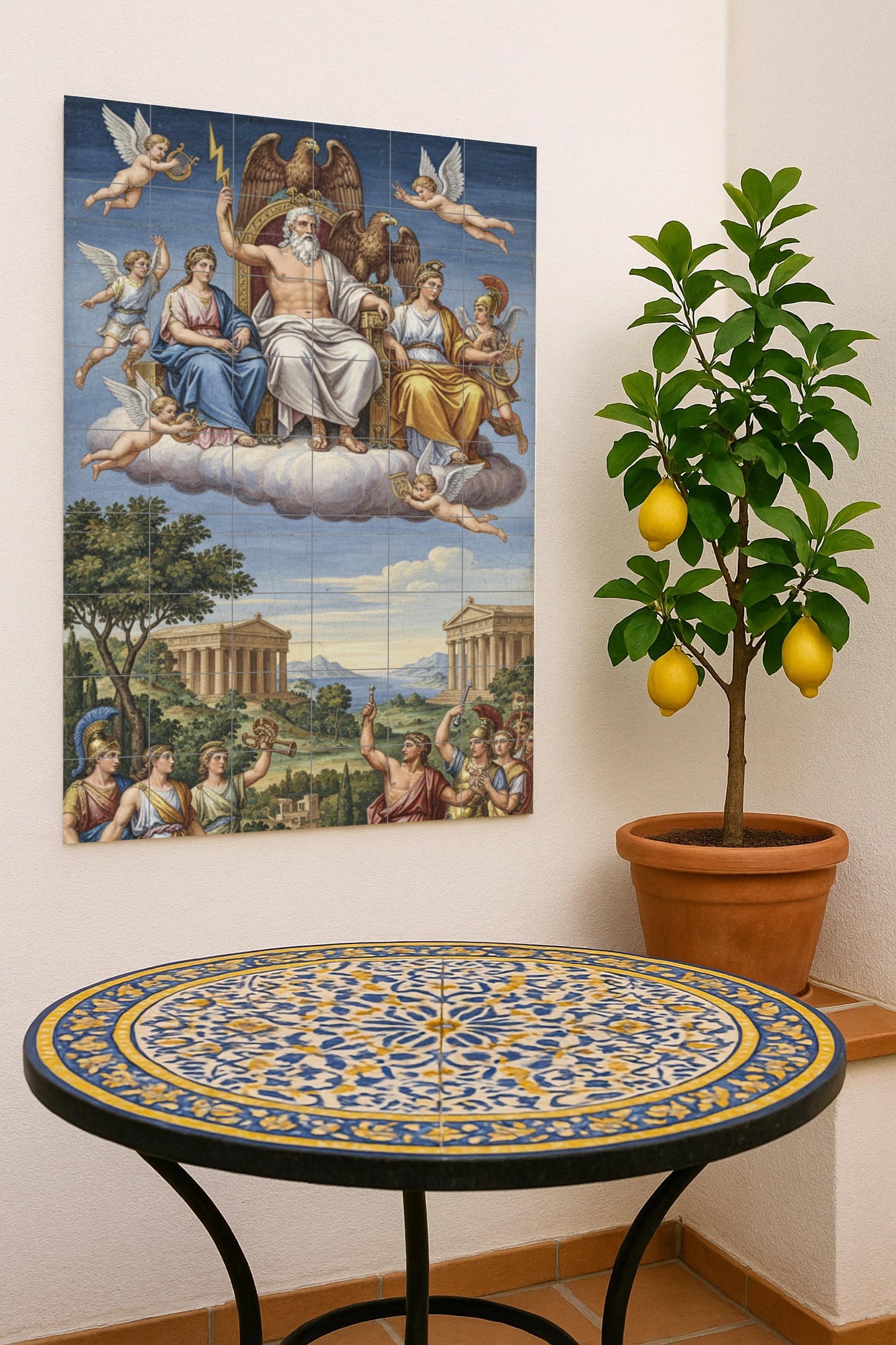 Trono del Olimpo — Zeus y los dioses. Mural de cerámica griega con…