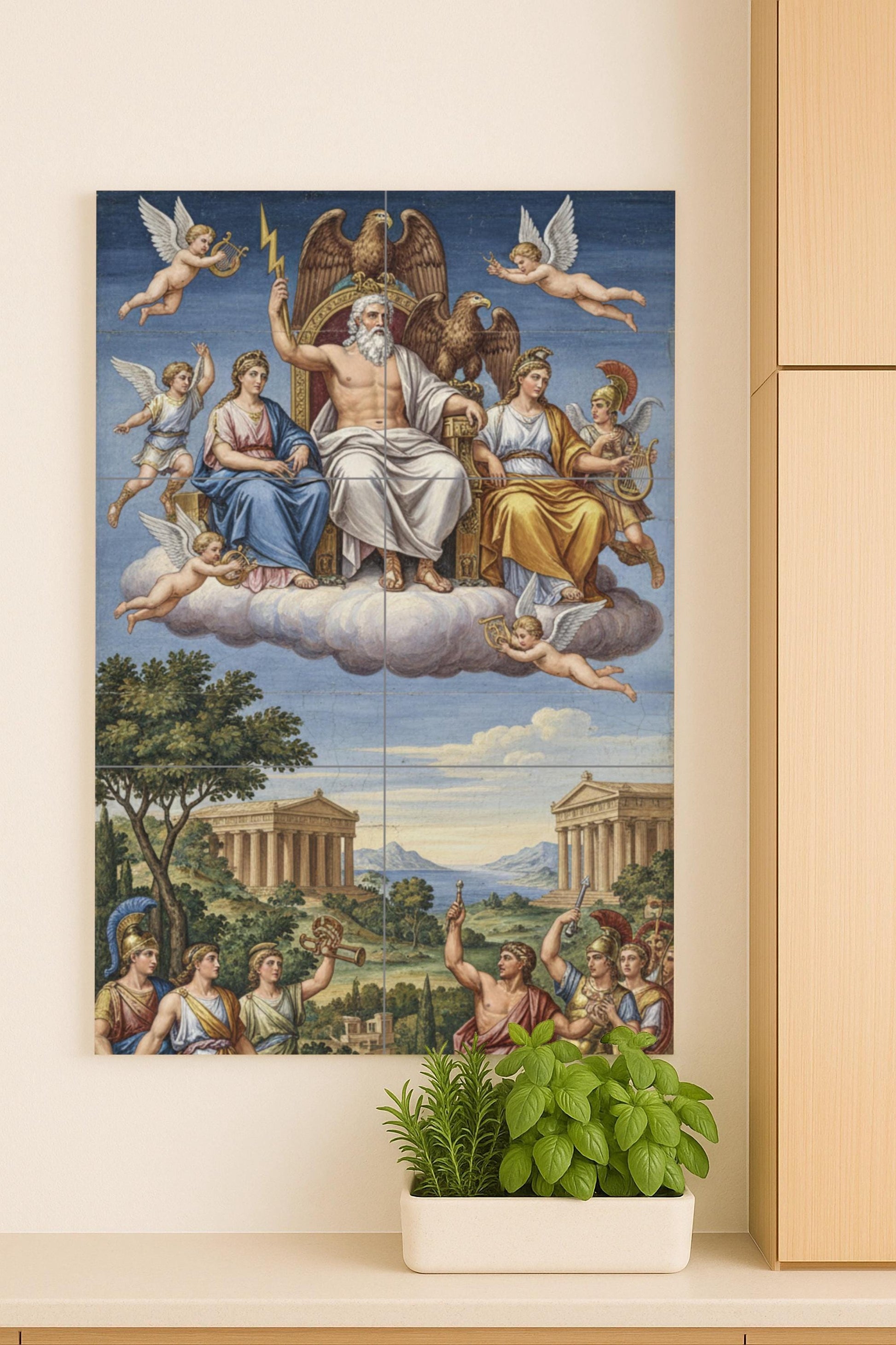 Trono del Olimpo — Zeus y los dioses. Mural de cerámica griega con…