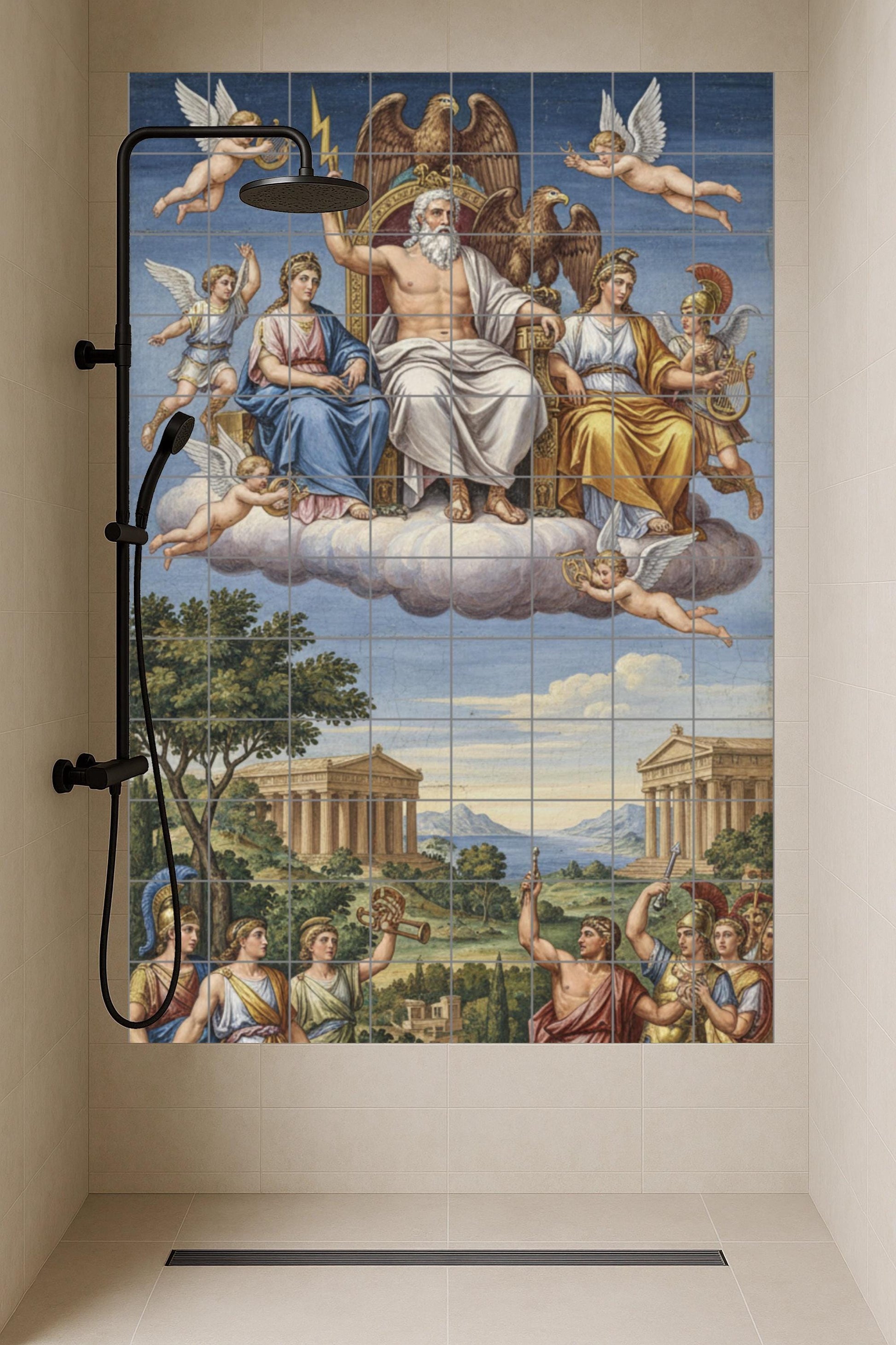 Trono del Olimpo — Zeus y los dioses. Mural de cerámica griega con…