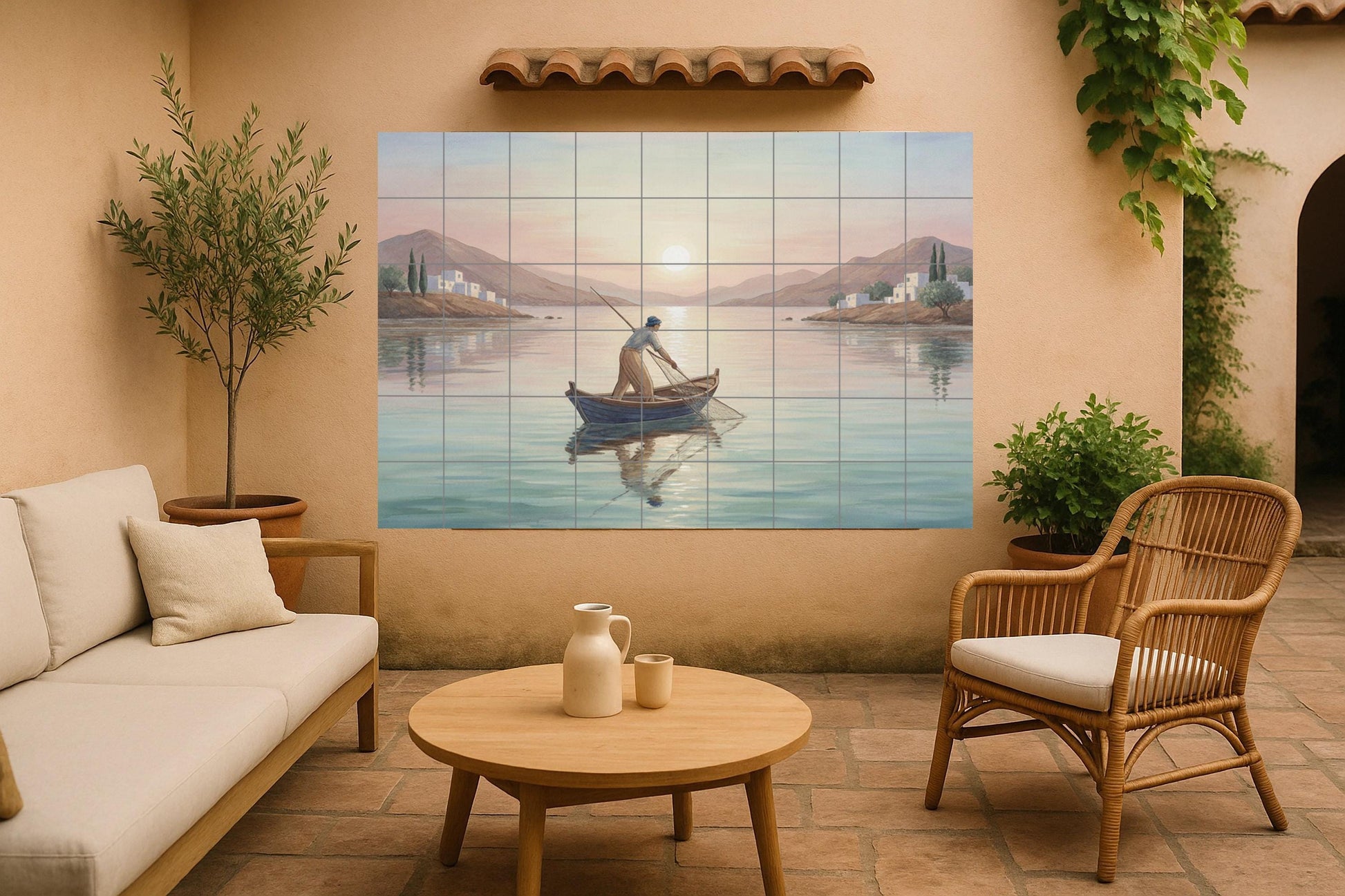 Pescador at the Sunrise · Ceramic Wall Mural — Seaside Scene