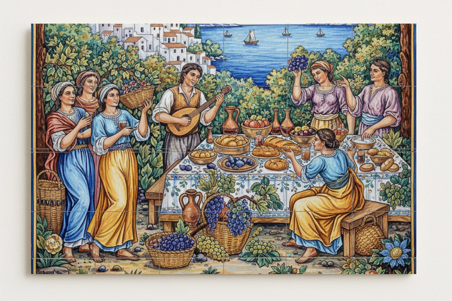 Fiesta Mediterránea — Fresque Murale en Carreaux de Céramique · Art Rustique de Ferme