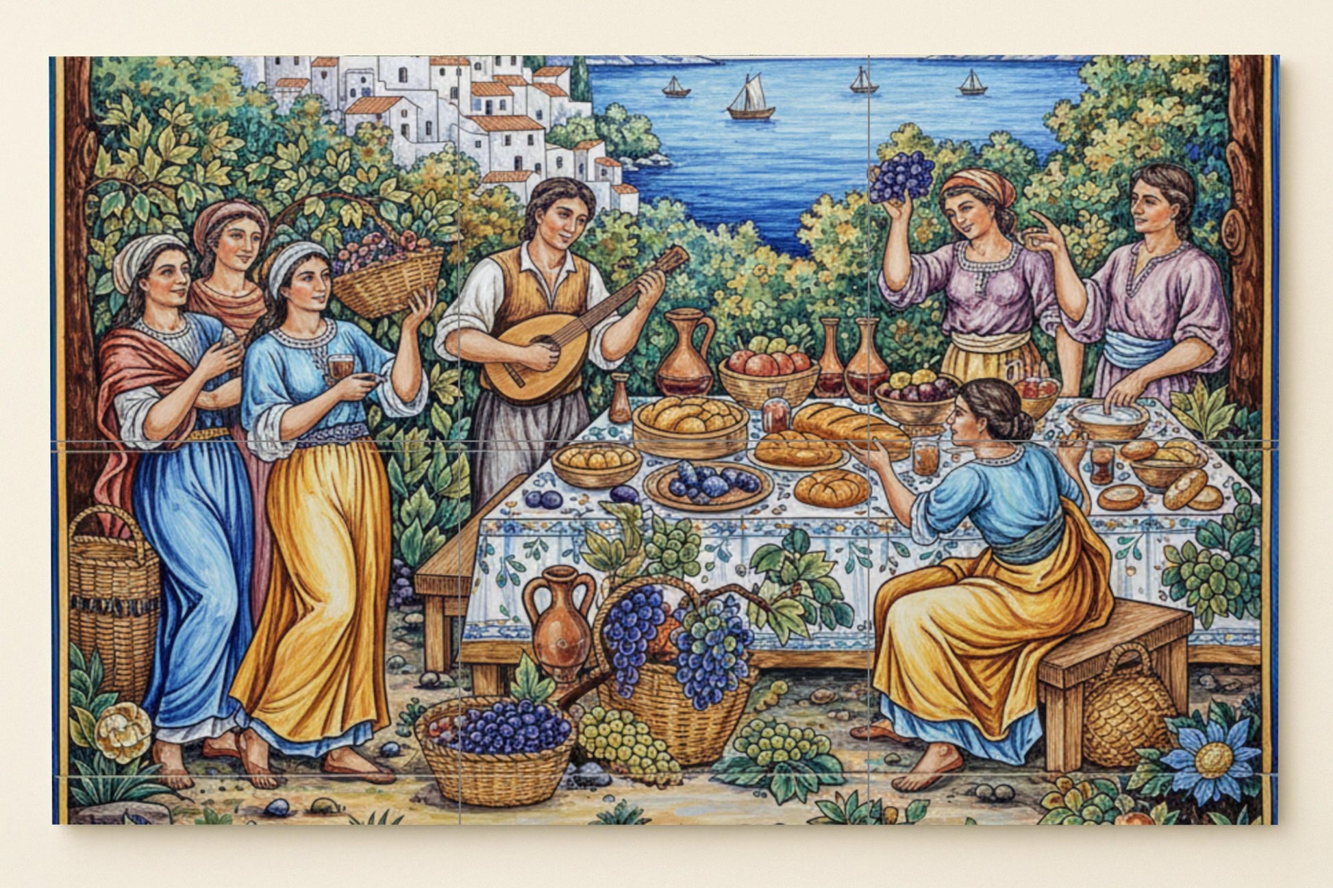 Fiesta Mediterránea — Fresque Murale en Carreaux de Céramique · Art Rustique de Ferme