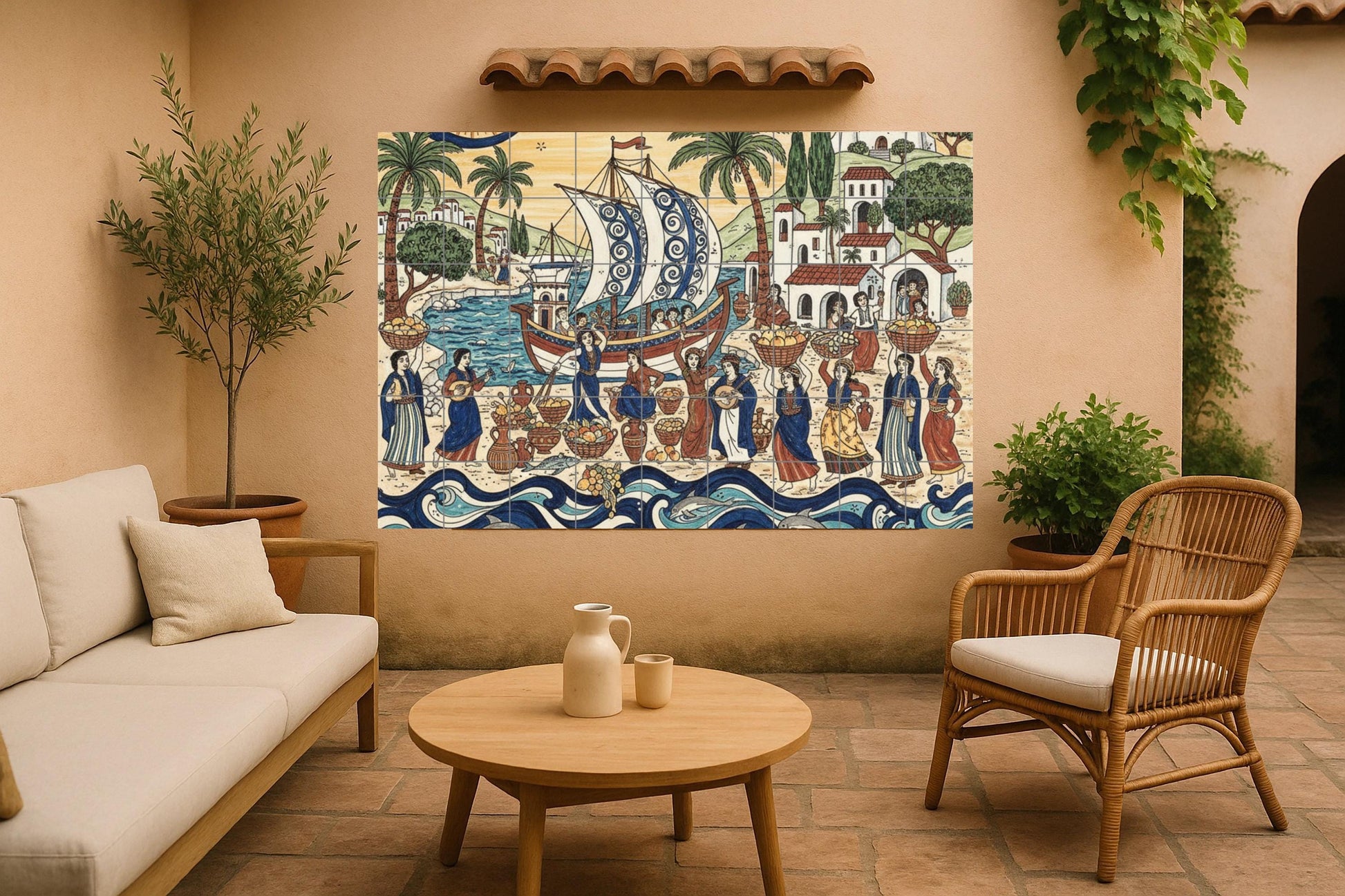 Festival de la Récolte Mediterránea — Scène de Cuisine et Campagne, Art Mural en Céramique