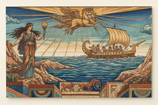 El viaje de Helios — Griego con Pegaso alado, un barco iluminado por…