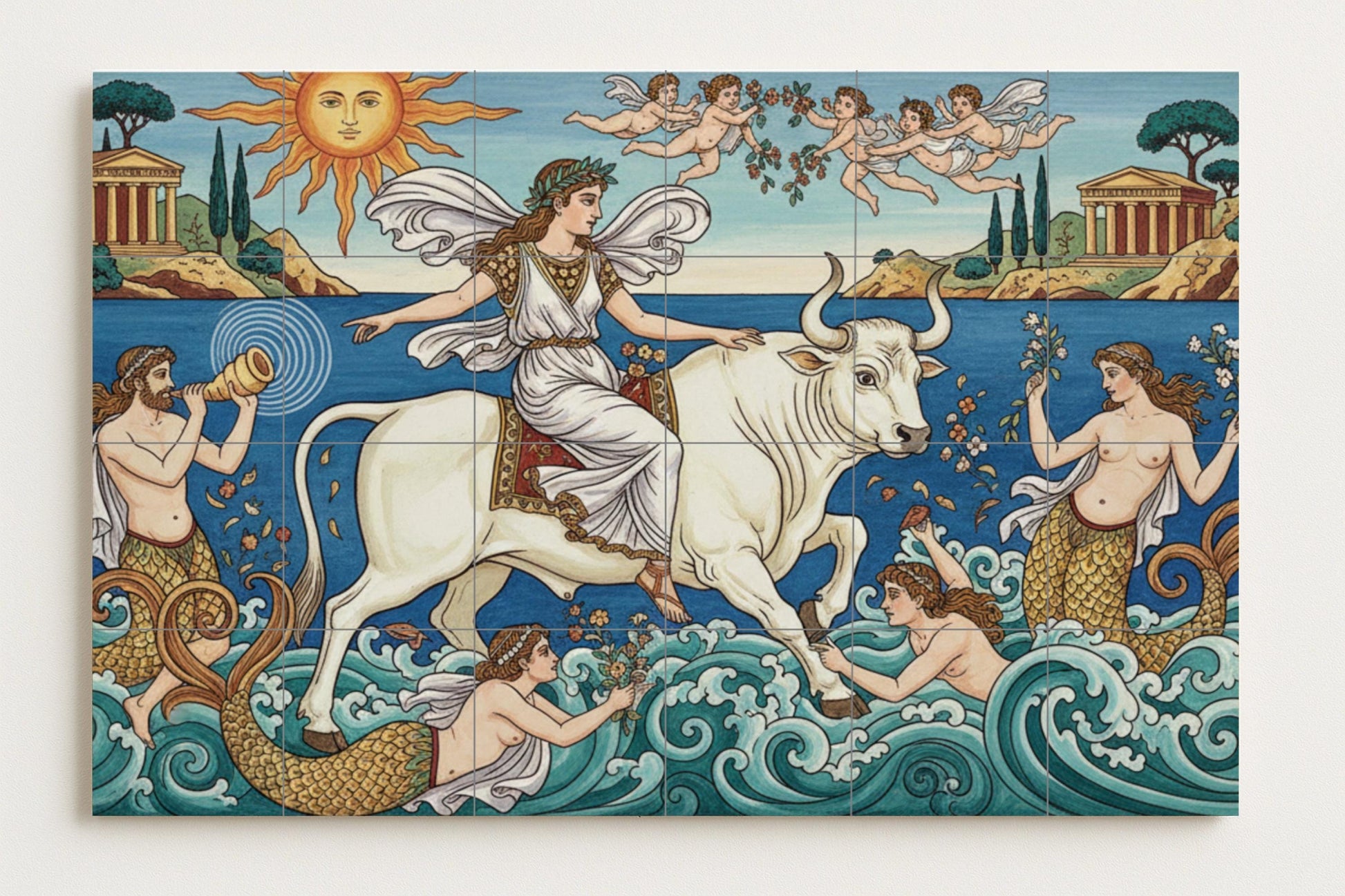 El Rapto de Europa — Mediterráneo con templos clásicos, ninfas…