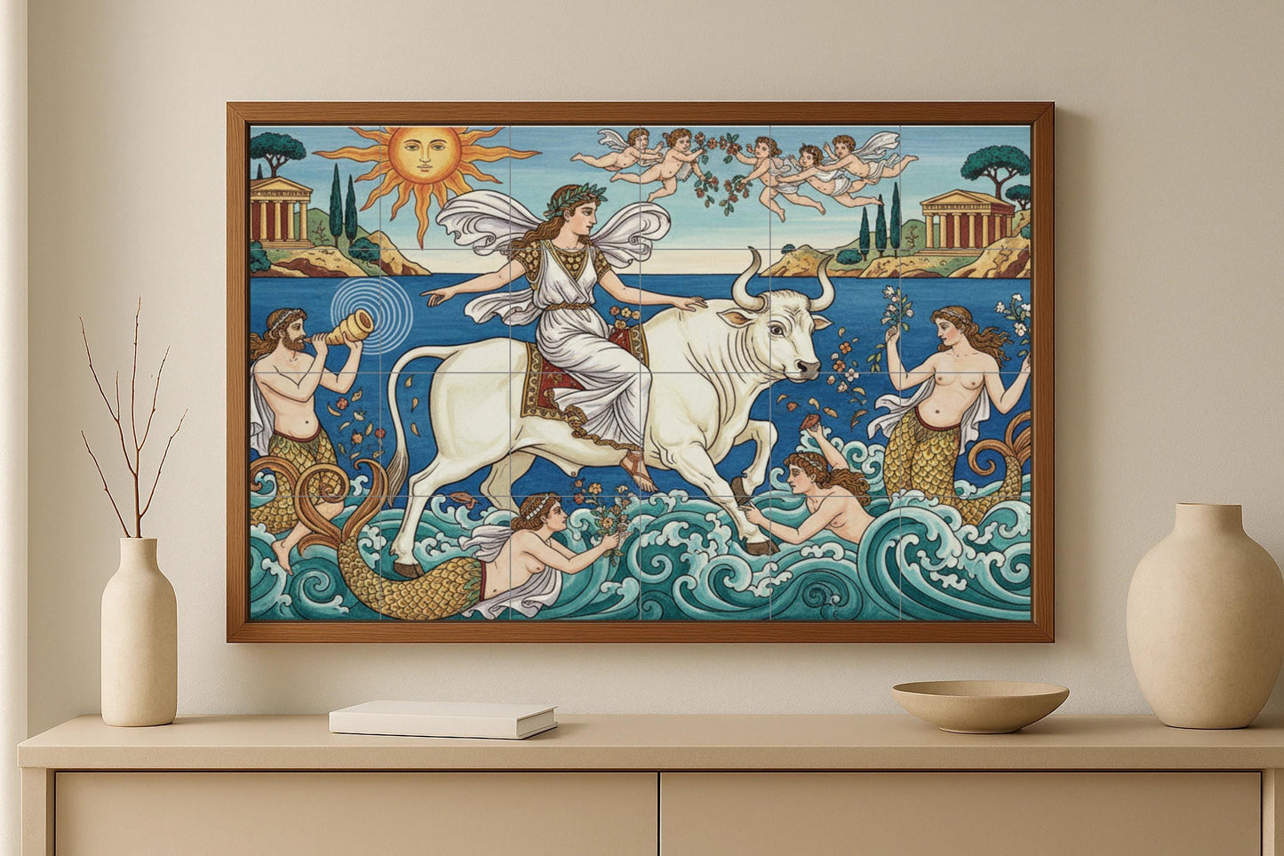El Rapto de Europa — Mediterráneo con templos clásicos, ninfas…