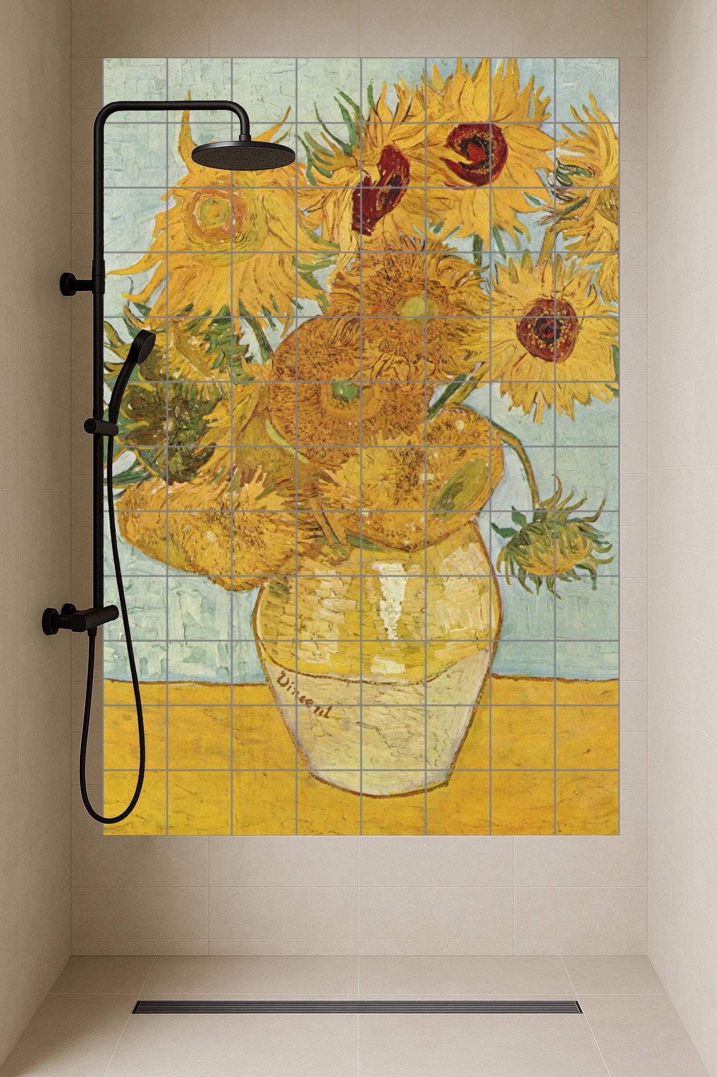 Tournesols en Vase Doré · Fresque Céramique — Reproduction d'Art de Musée
