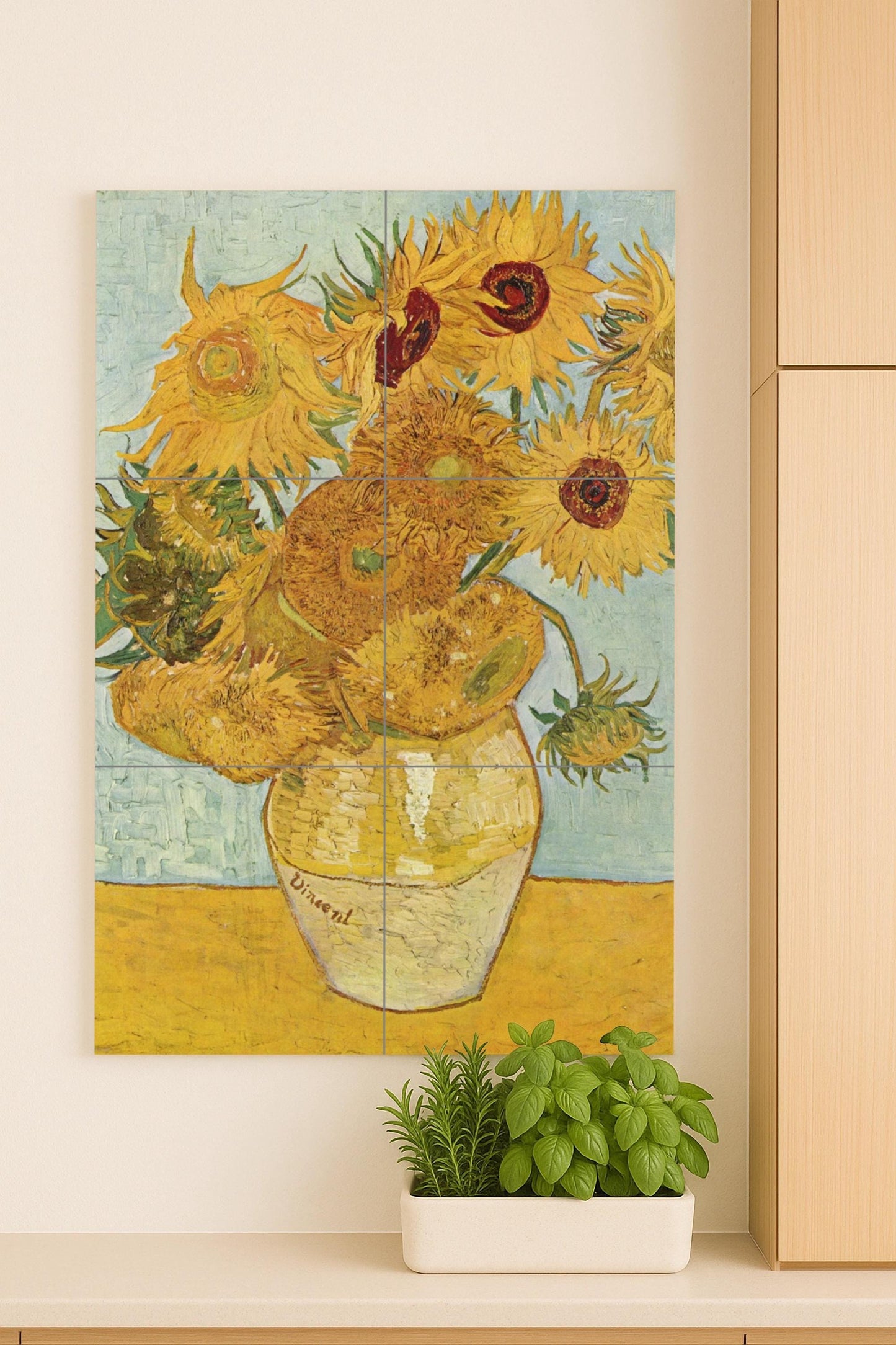 Tournesols en Vase Doré · Fresque Céramique — Reproduction d'Art de Musée