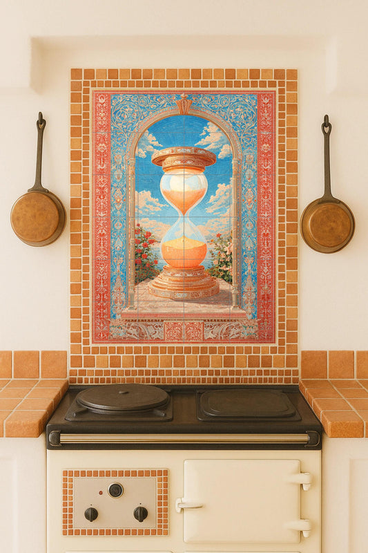 Reloj de Arena de Luz — Arena dorada, arco floral y fondo de mosaico…