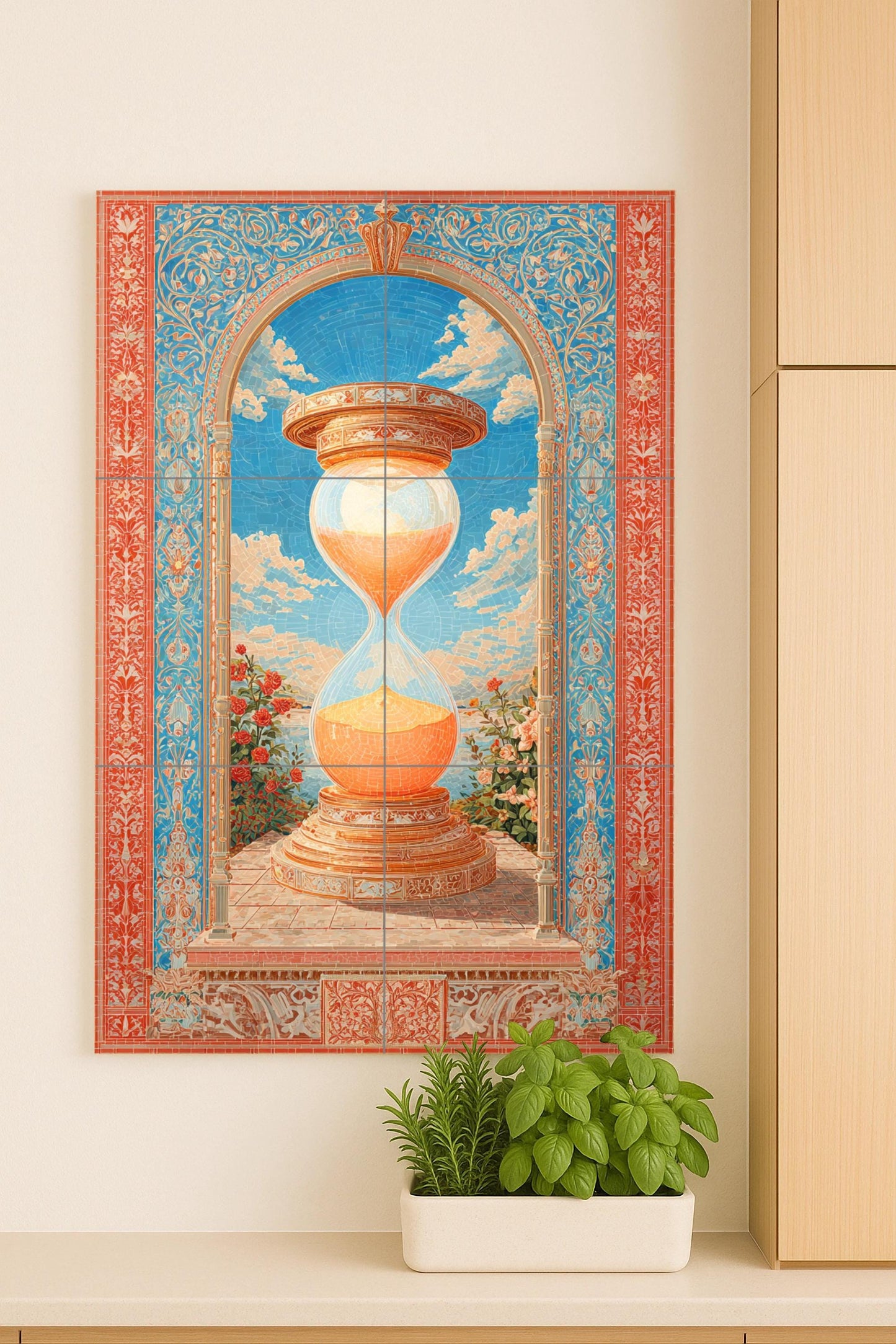 Reloj de Arena de Luz — Arena dorada, arco floral y fondo de mosaico…