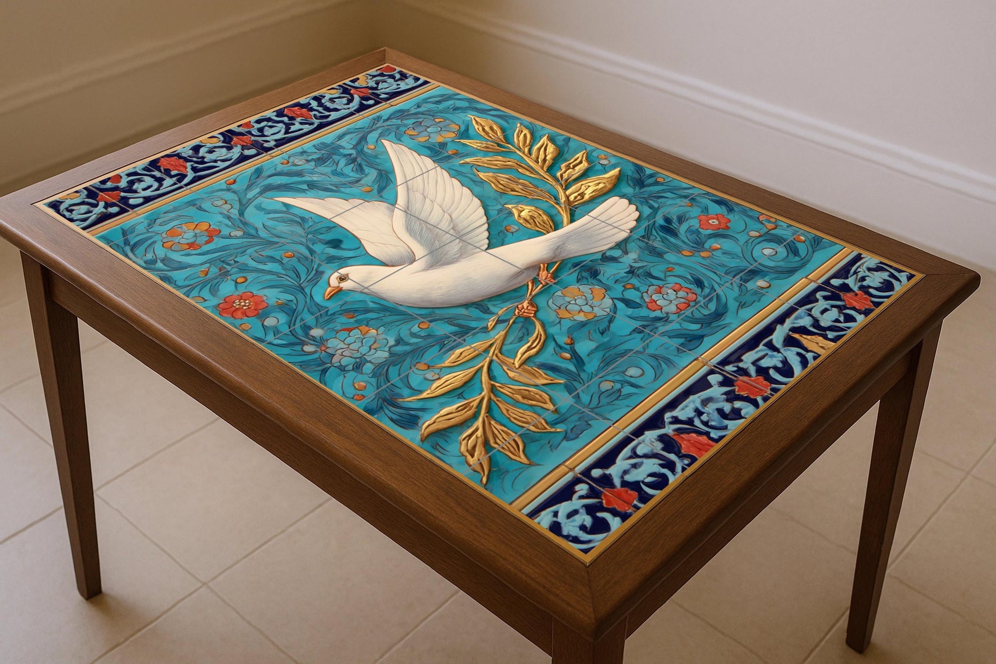 Taube Blanca von die Paz mit Olivenzweig Golden — Fliesen-Wandbild aus Keramik · Garten- & Natur-Dekor