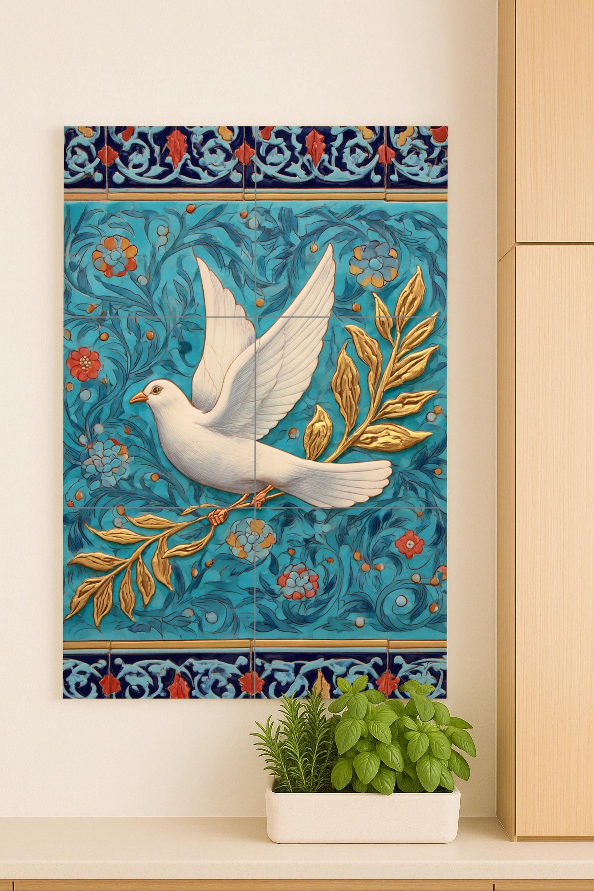 Taube Blanca von die Paz mit Olivenzweig Golden — Fliesen-Wandbild aus Keramik · Garten- & Natur-Dekor