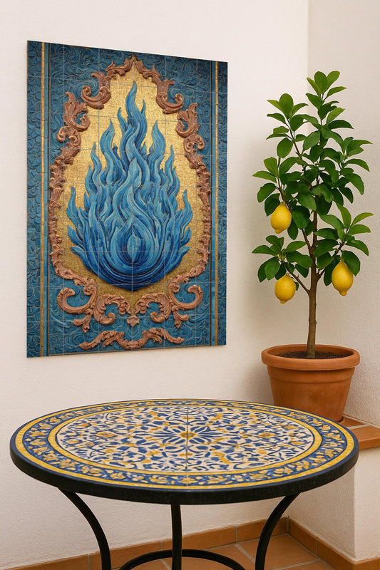Llama azul sobre mosaico dorado