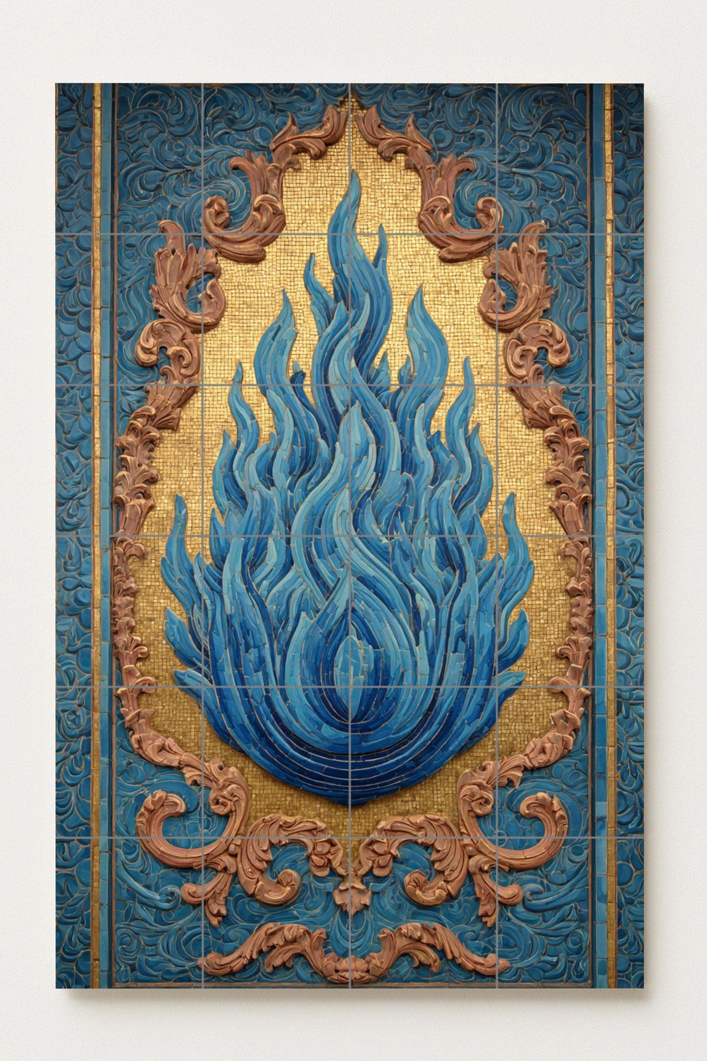 Llama Bleu sur Mosaïque Doré — Art Mural Chrétien, Art Mural en Céramique