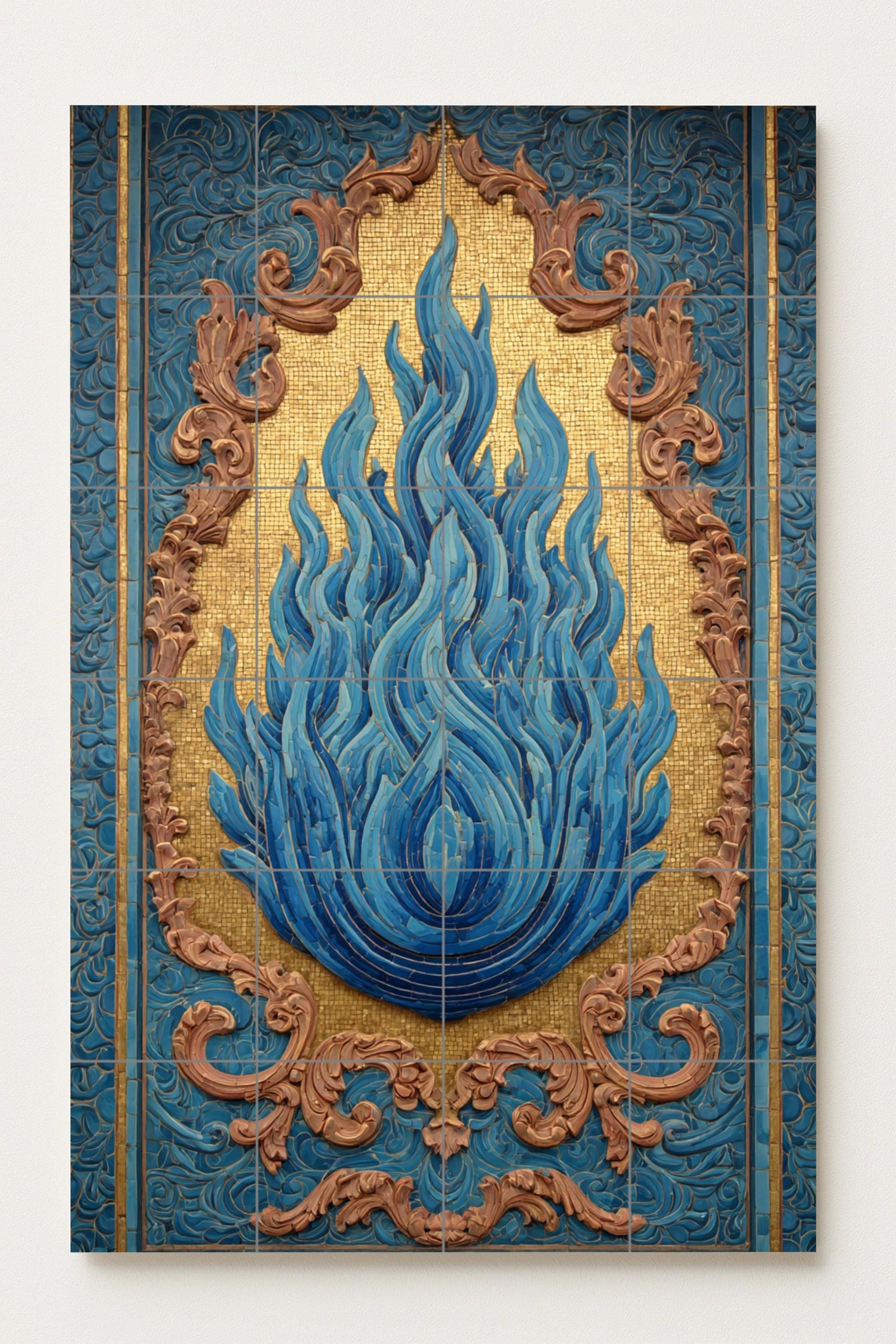 Llama Bleu sur Mosaïque Doré — Art Mural Chrétien, Art Mural en Céramique
