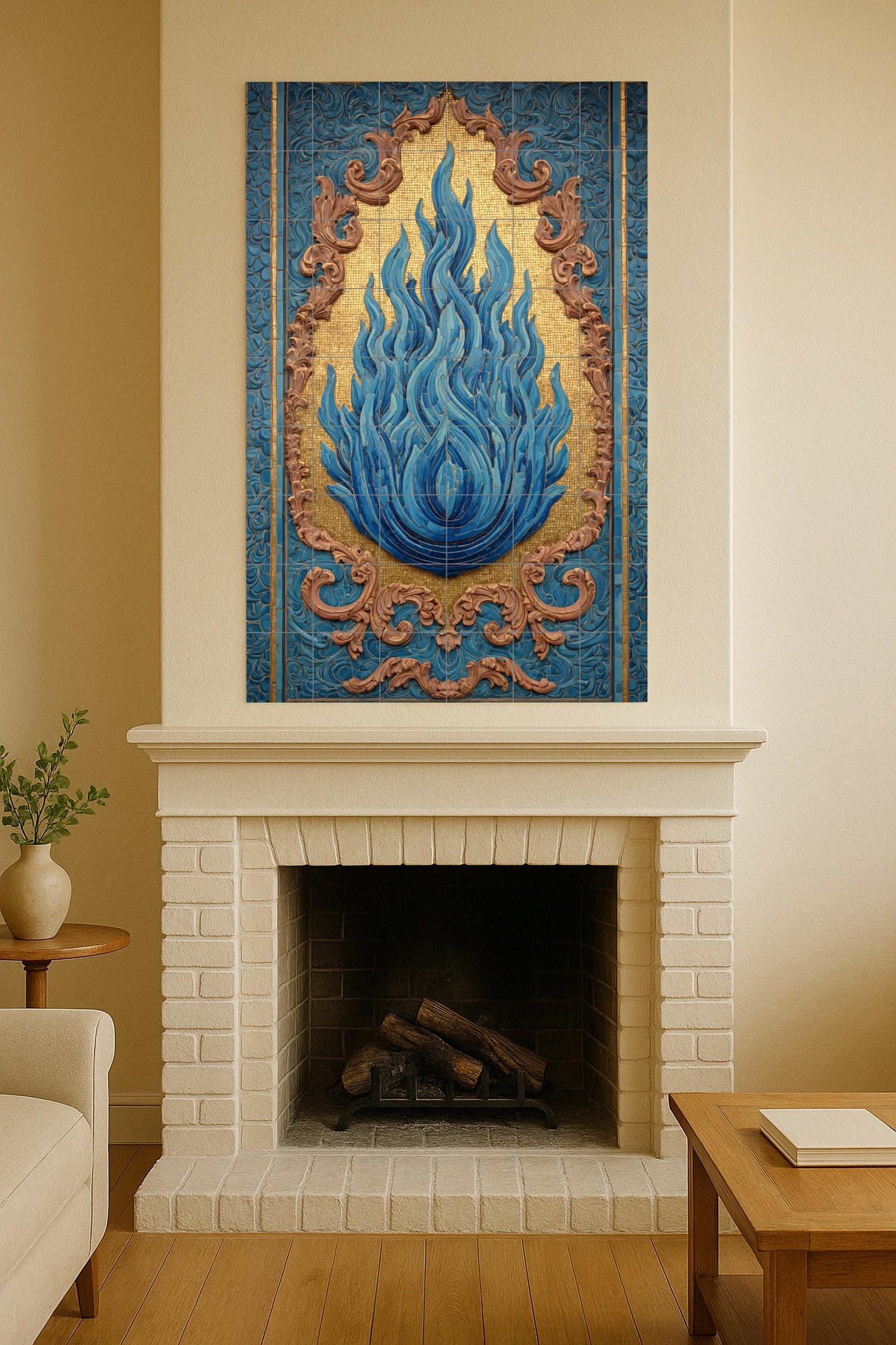 Llama Bleu sur Mosaïque Doré — Art Mural Chrétien, Art Mural en Céramique