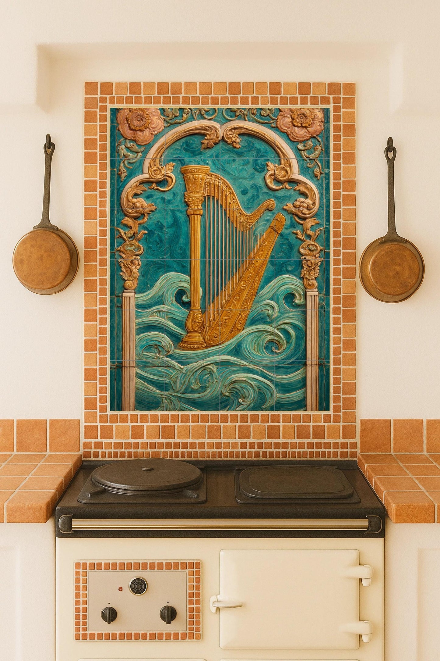 Arpa dorada sobre olas turquesas