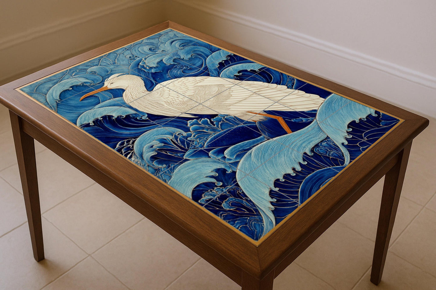 Garza Blanca entre the Waves — Maritime Tile Art · Ceramic Tile Mural
