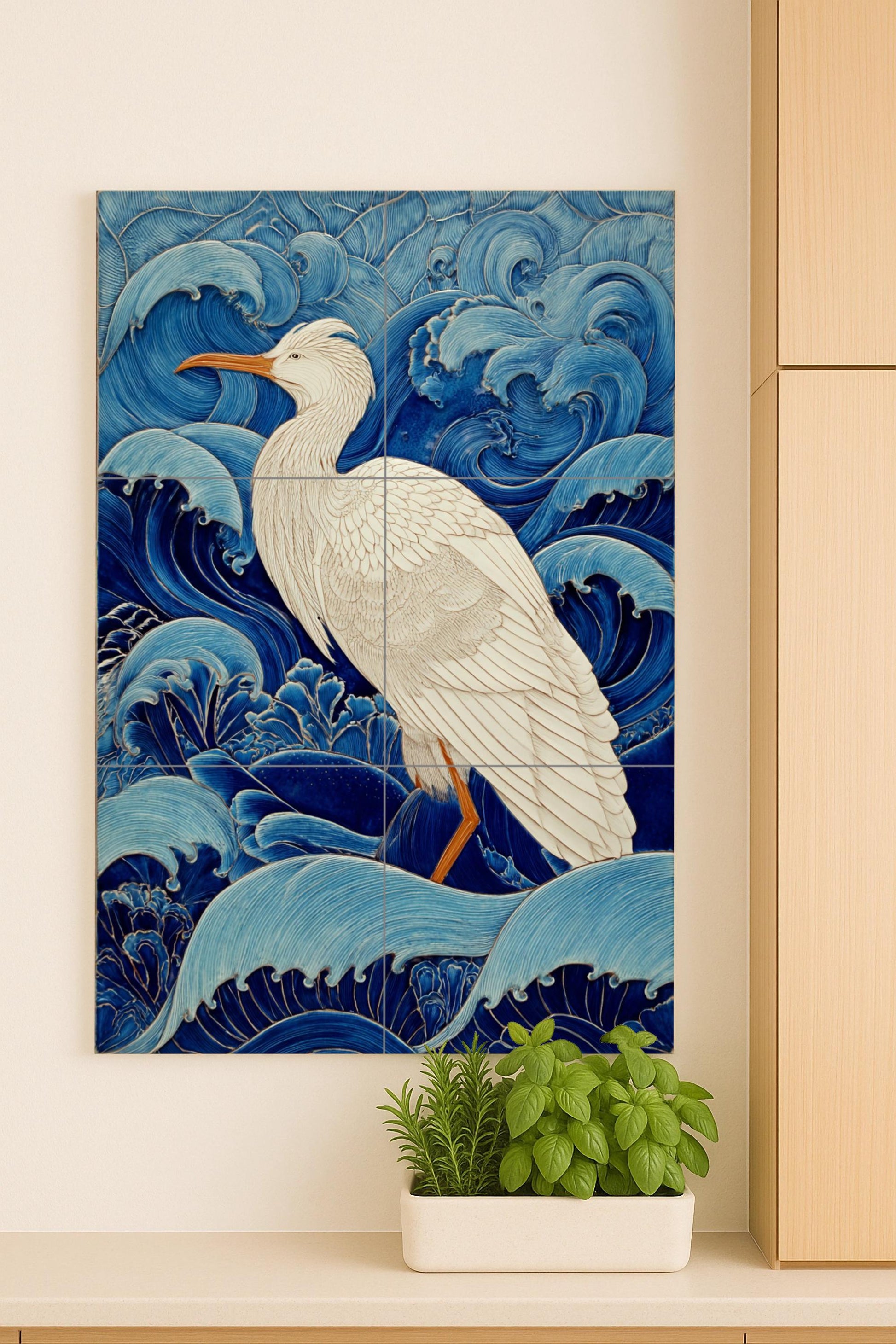 Garza Blanca entre the Waves — Maritime Tile Art · Ceramic Tile Mural