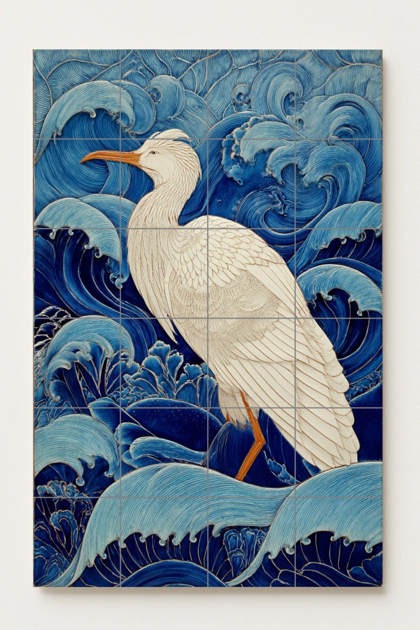 Garza Blanca entre the Waves — Maritime Tile Art · Ceramic Tile Mural