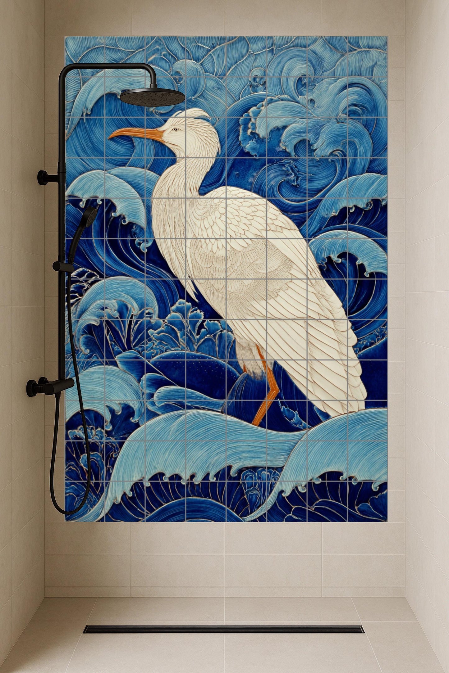 Garza Blanca entre the Waves — Maritime Tile Art · Ceramic Tile Mural